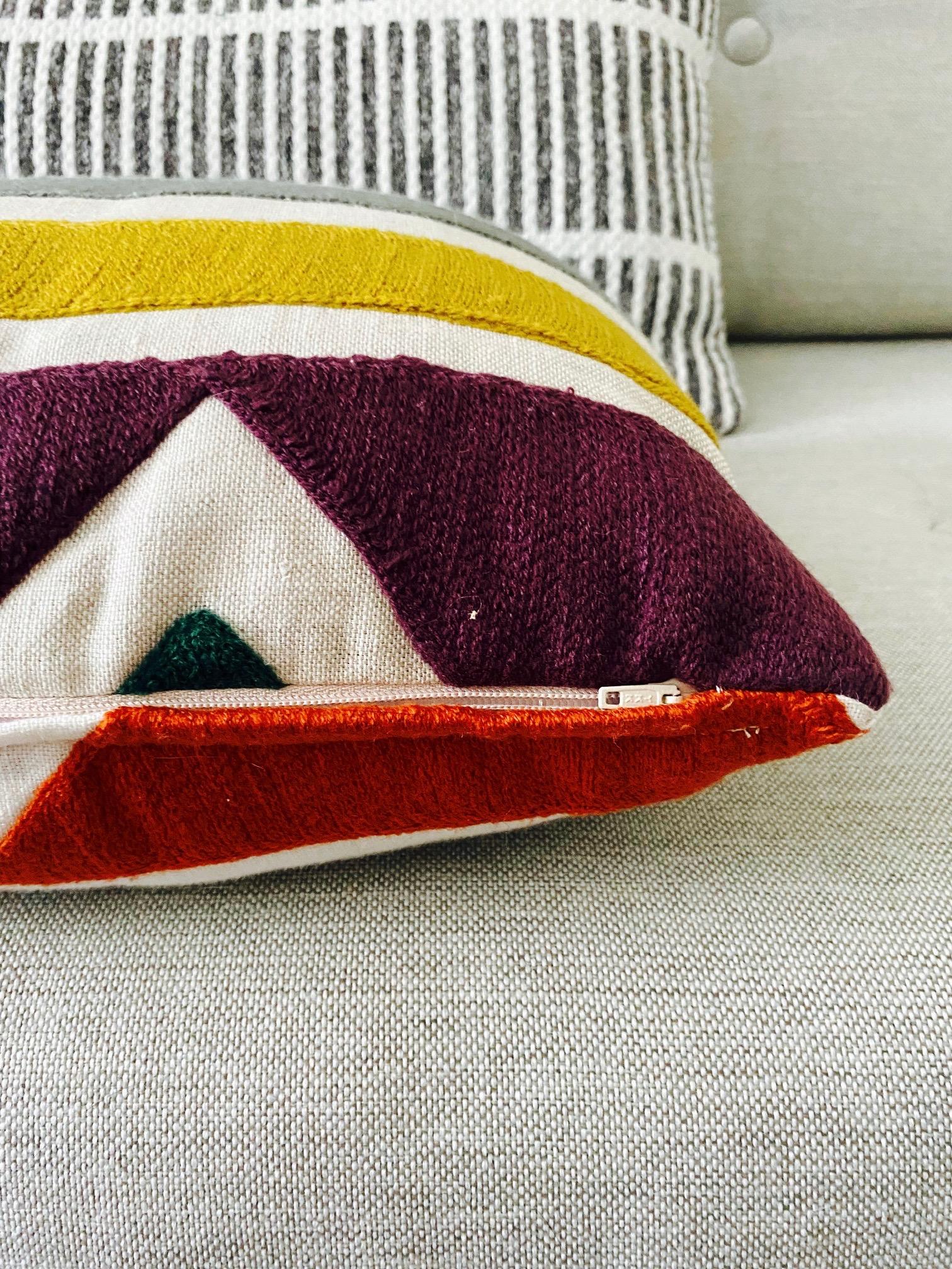 Embroidered Linen Pillow with Geometric Motif in Pierre Frey's Indiana Textile 1