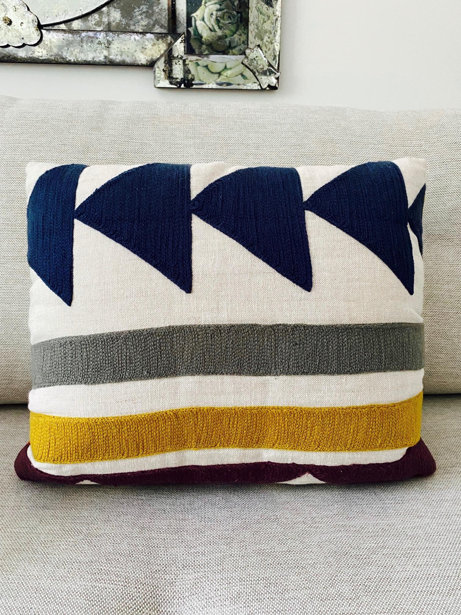 Embroidered Linen Pillow with Geometric Motif in Pierre Frey's Indiana Textile 2
