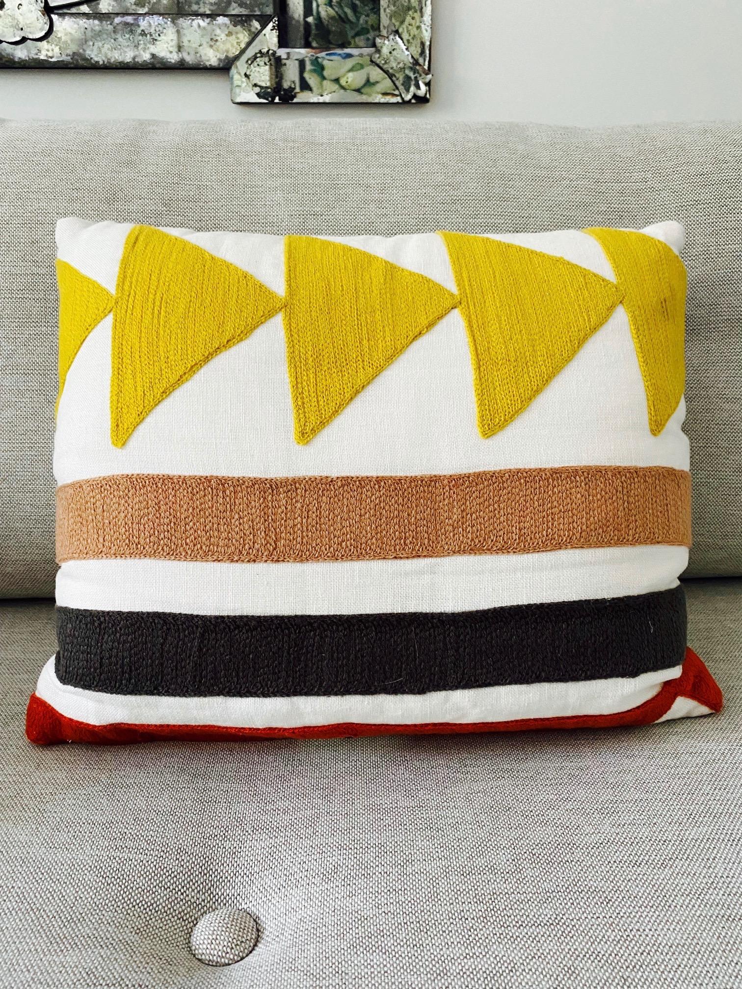 Embroidered Linen Pillow with Geometric Motif in Pierre Frey's Indiana Textile 4