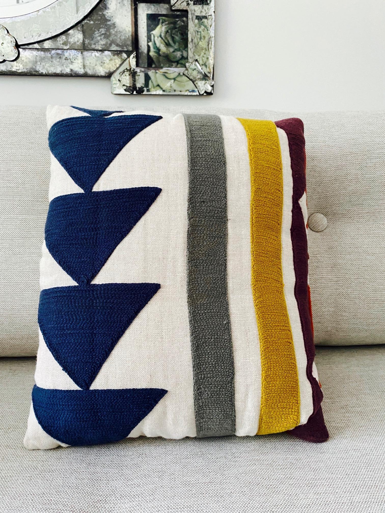 Post-Modern Embroidered Linen Pillow with Geometric Motif in Pierre Frey's Indiana Textile