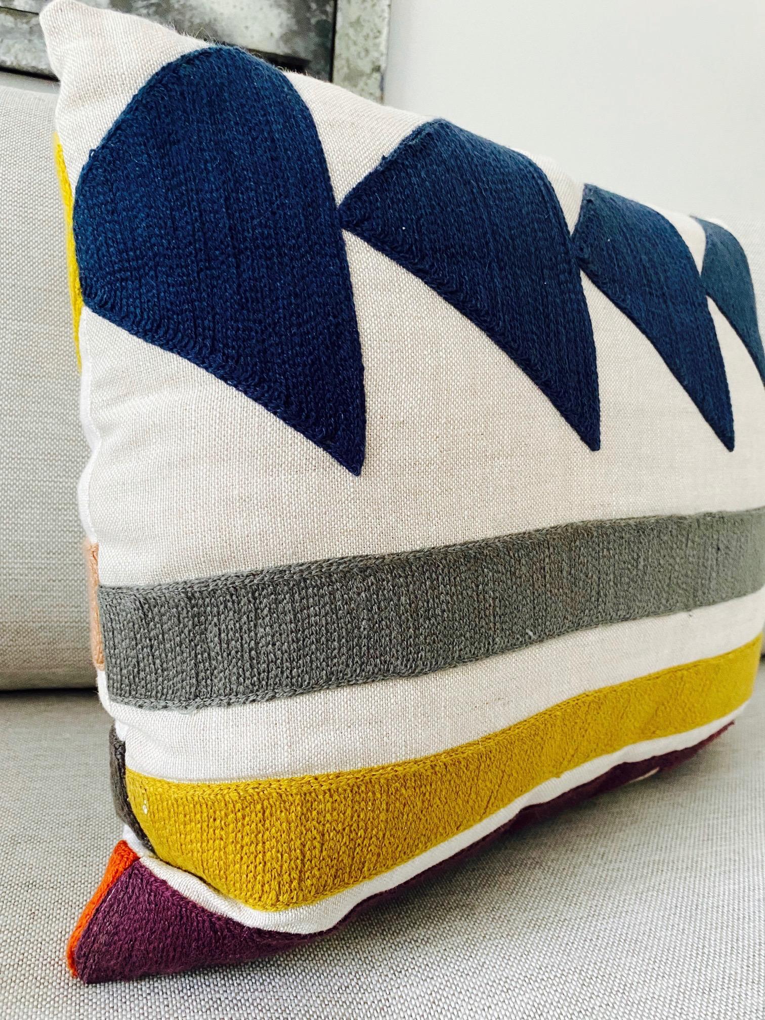 French Embroidered Linen Pillow with Geometric Motif in Pierre Frey's Indiana Textile