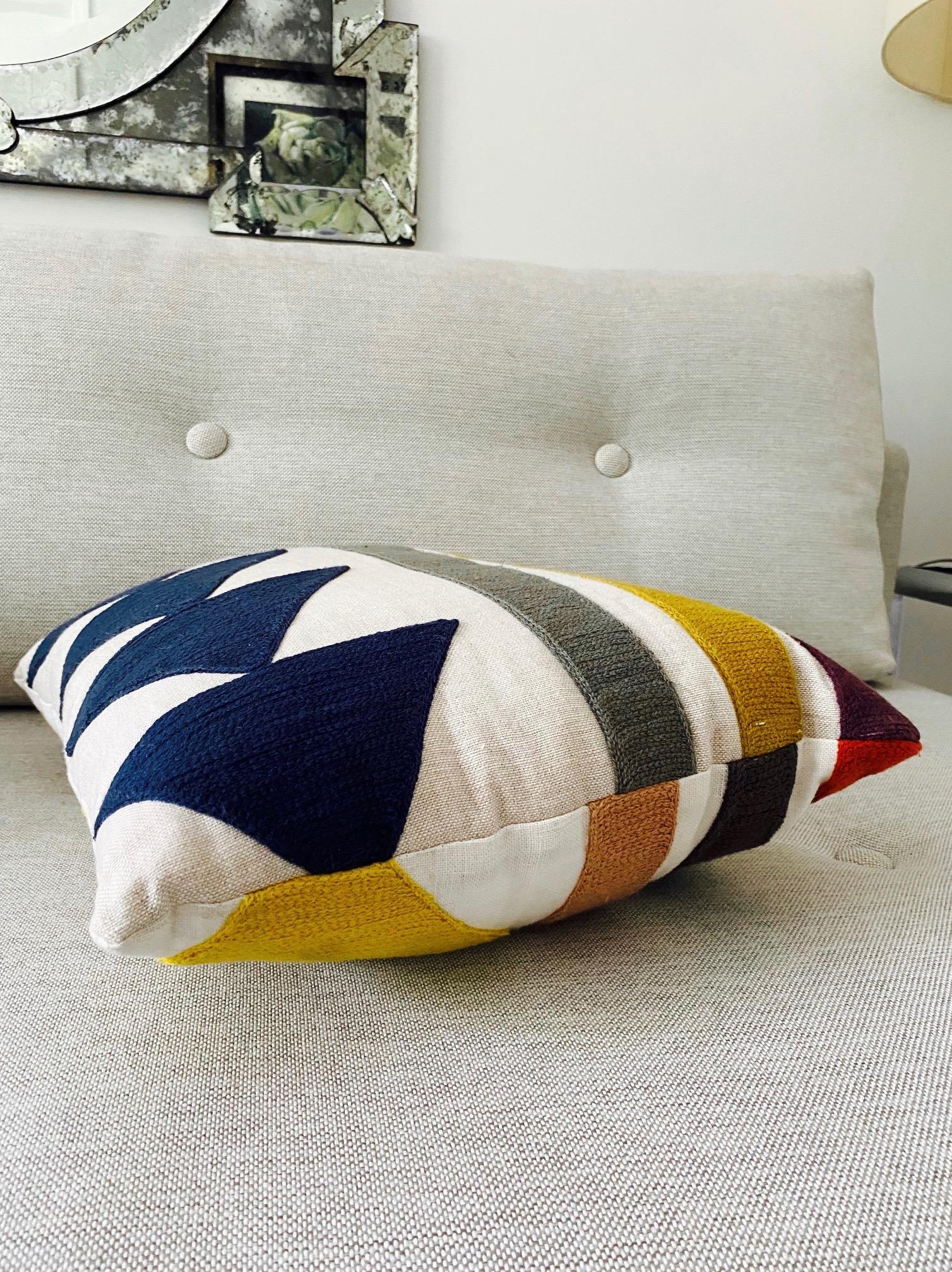 Hand-Woven Embroidered Linen Pillow with Geometric Motif in Pierre Frey's Indiana Textile
