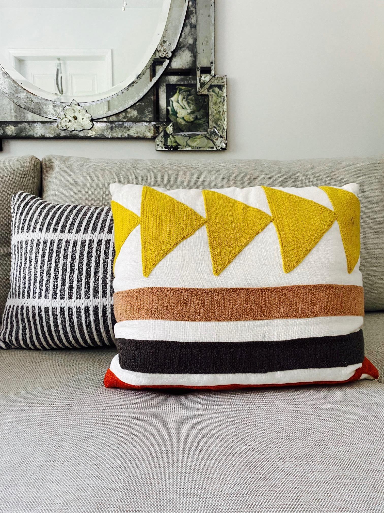 Embroidered Linen Pillow with Geometric Motif in Pierre Frey's Indiana Textile In Excellent Condition In Fort Lauderdale, FL