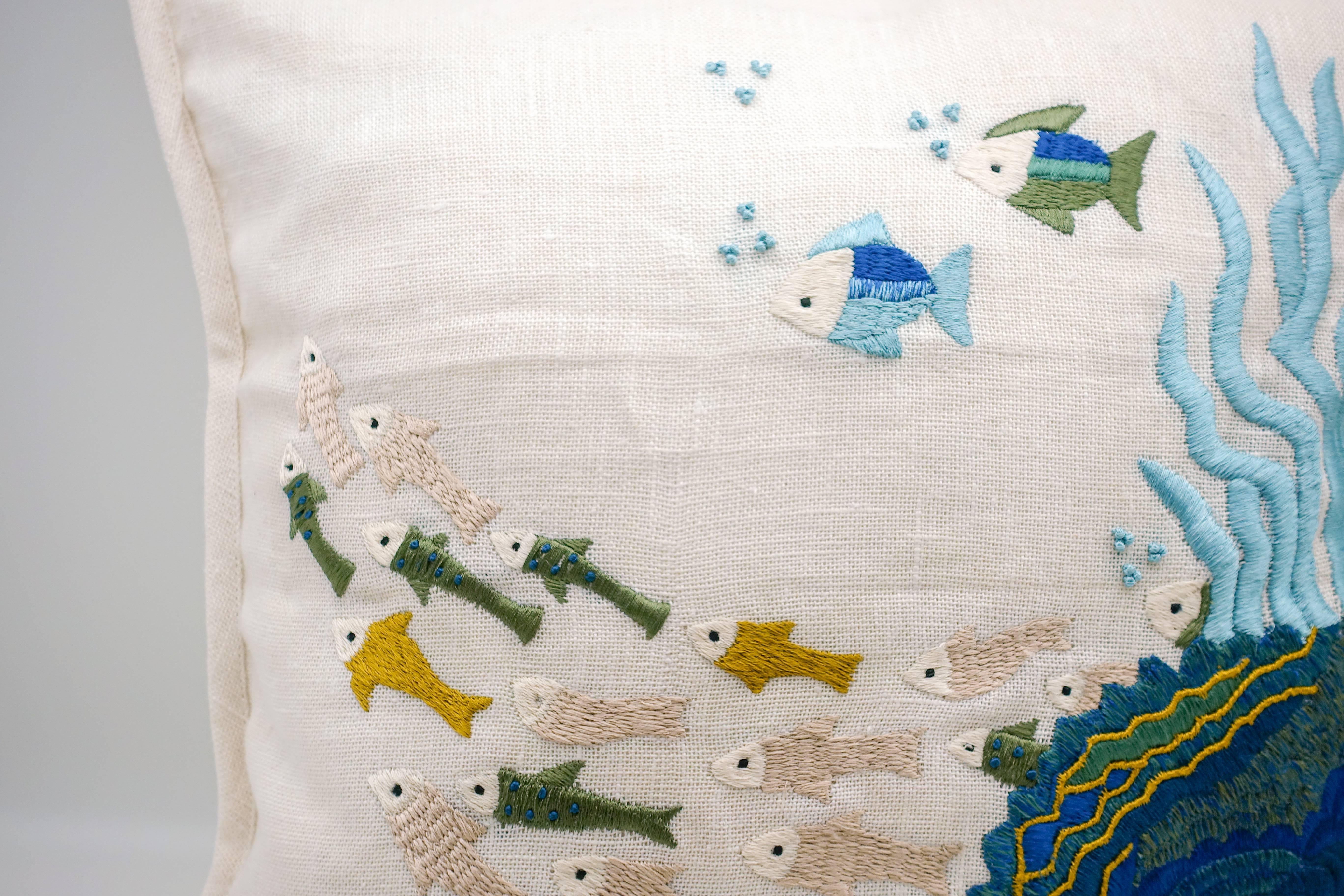 Beautiful linen sea life pillow case embroidered in India. This is one in a series of additional pillows which all have a sea theme (Photo).