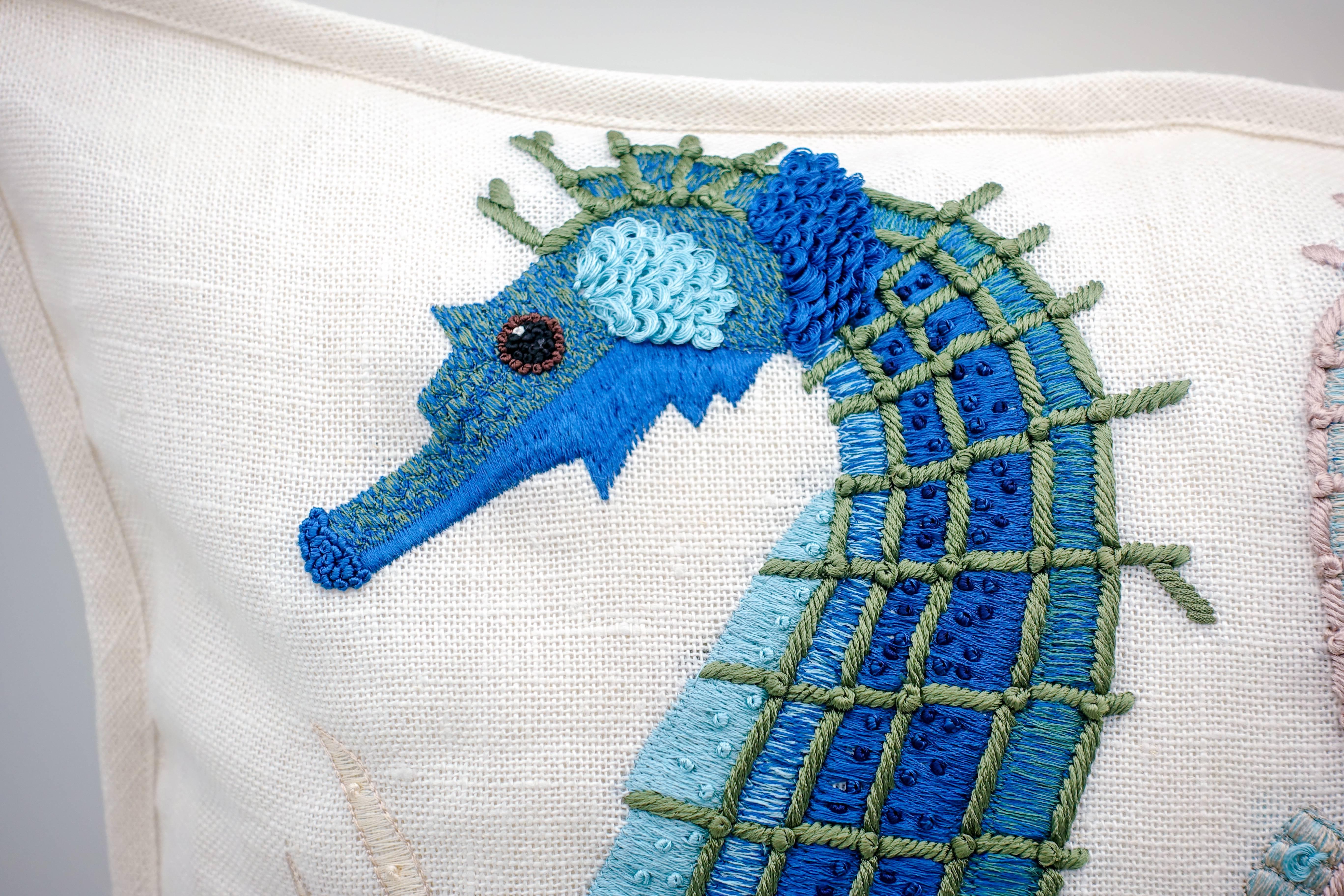 Beautiful linen seahorse pillow case embroidered in India. This is one in a series of additional pillows which all have a sea theme (Photo).