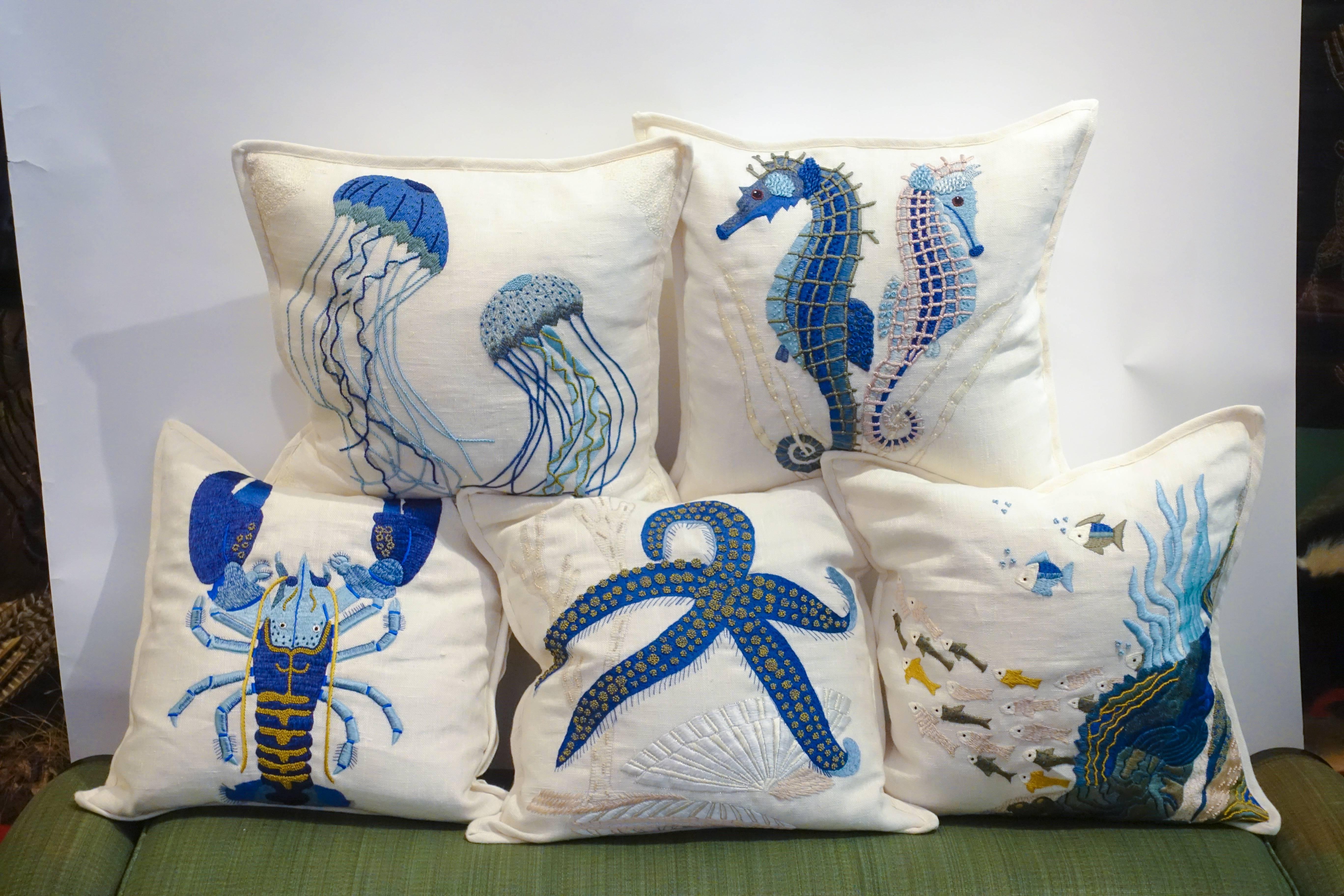 Contemporary Embroidered Linen Seahorse Pillow Case