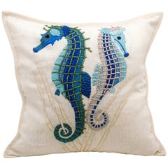 Embroidered Linen Seahorse Pillow Case