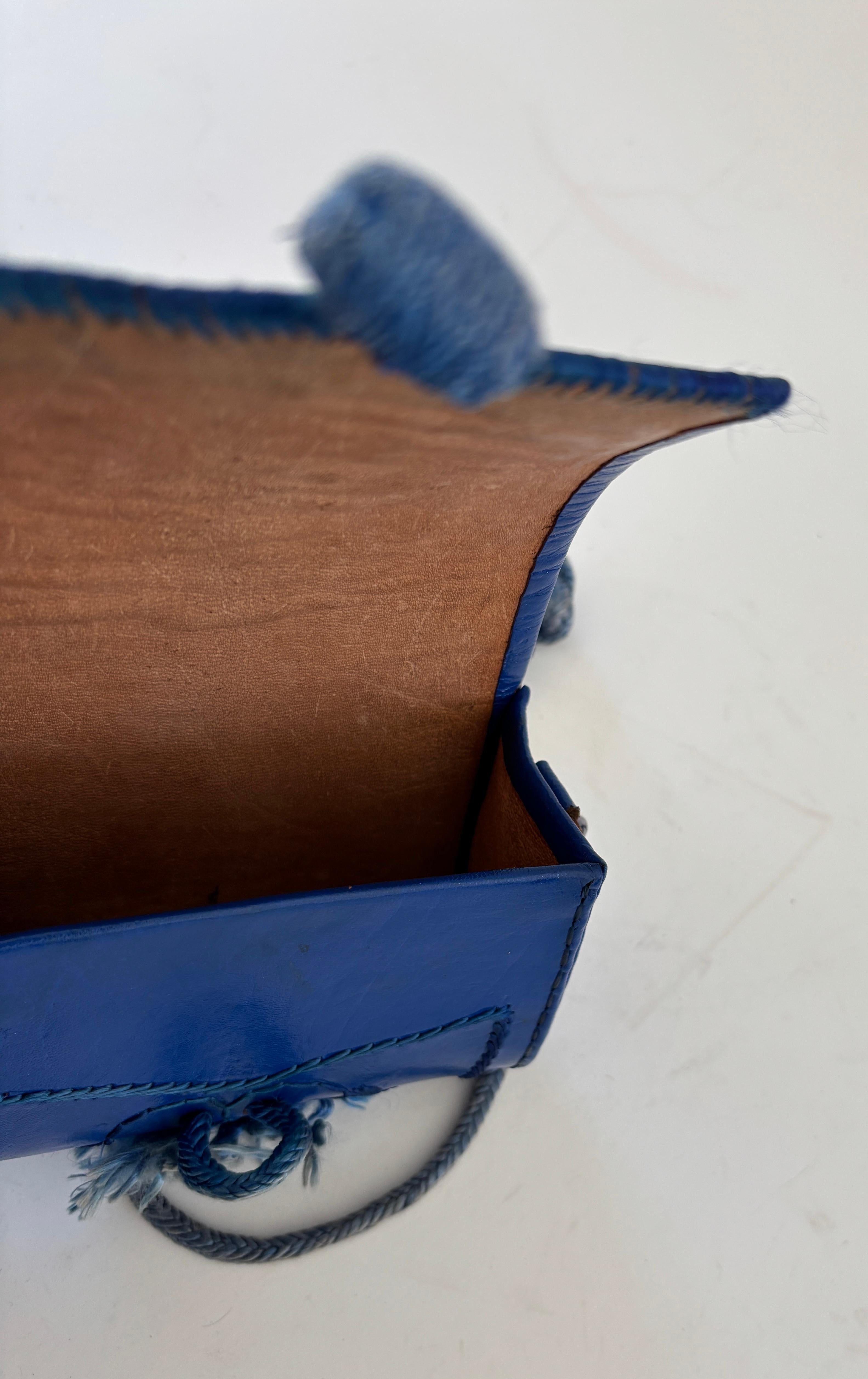 Embroidered Mini Moroccan Berber Blue Leather Bag 1960s For Sale 5