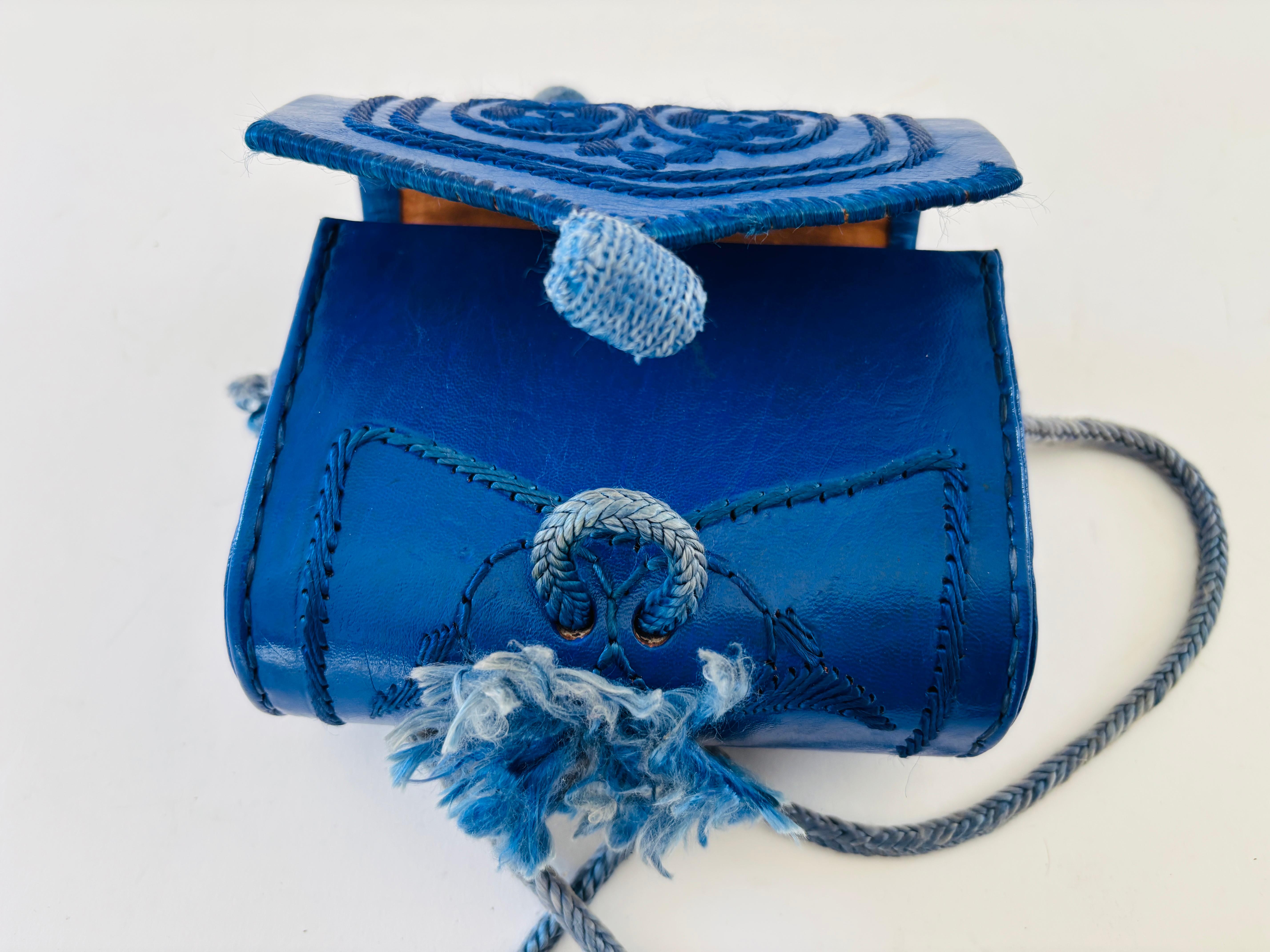 Embroidered Mini Moroccan Berber Blue Leather Bag 1960s For Sale 6