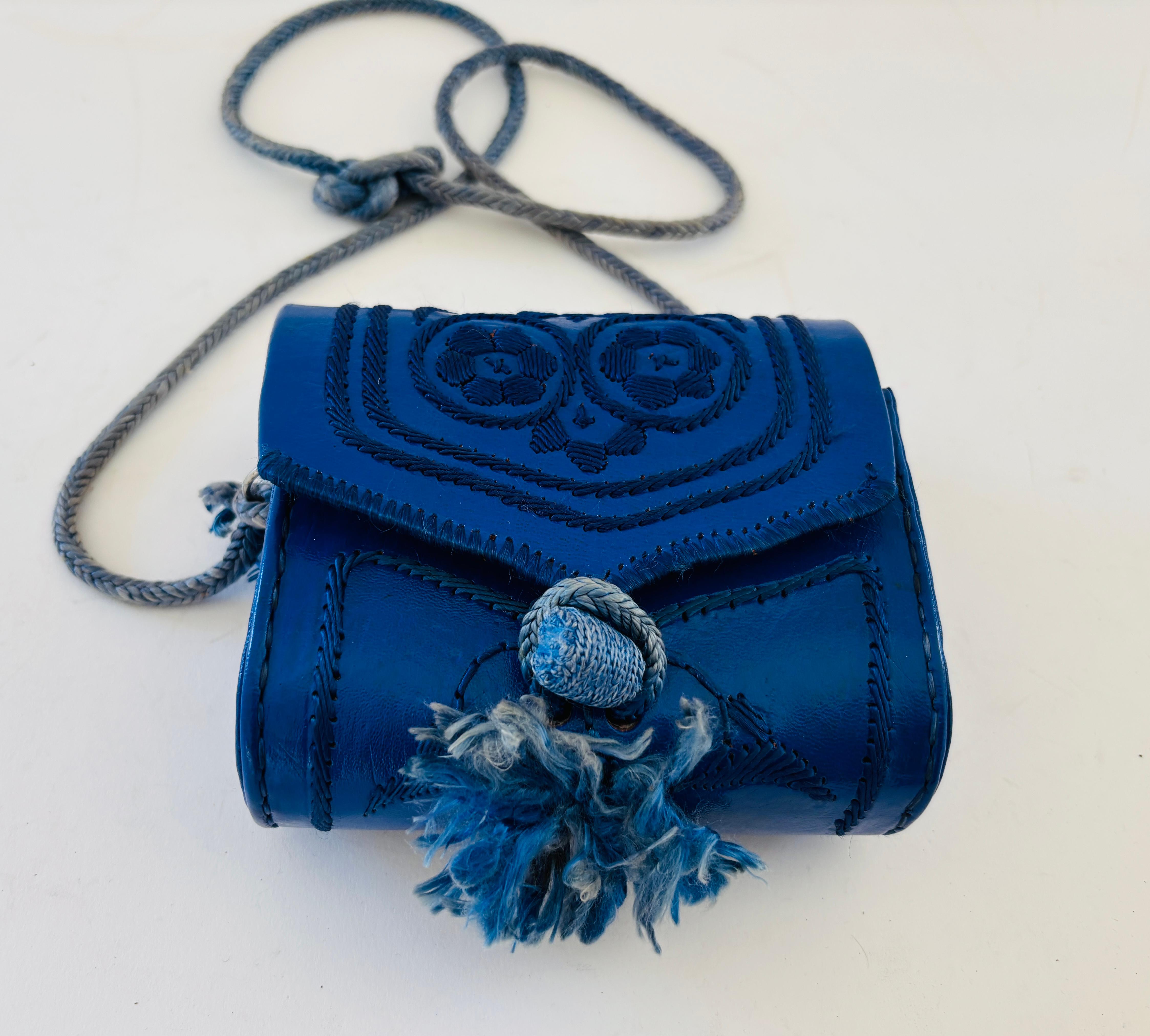 Embroidered Mini Moroccan Berber Blue Leather Bag 1960s For Sale 8