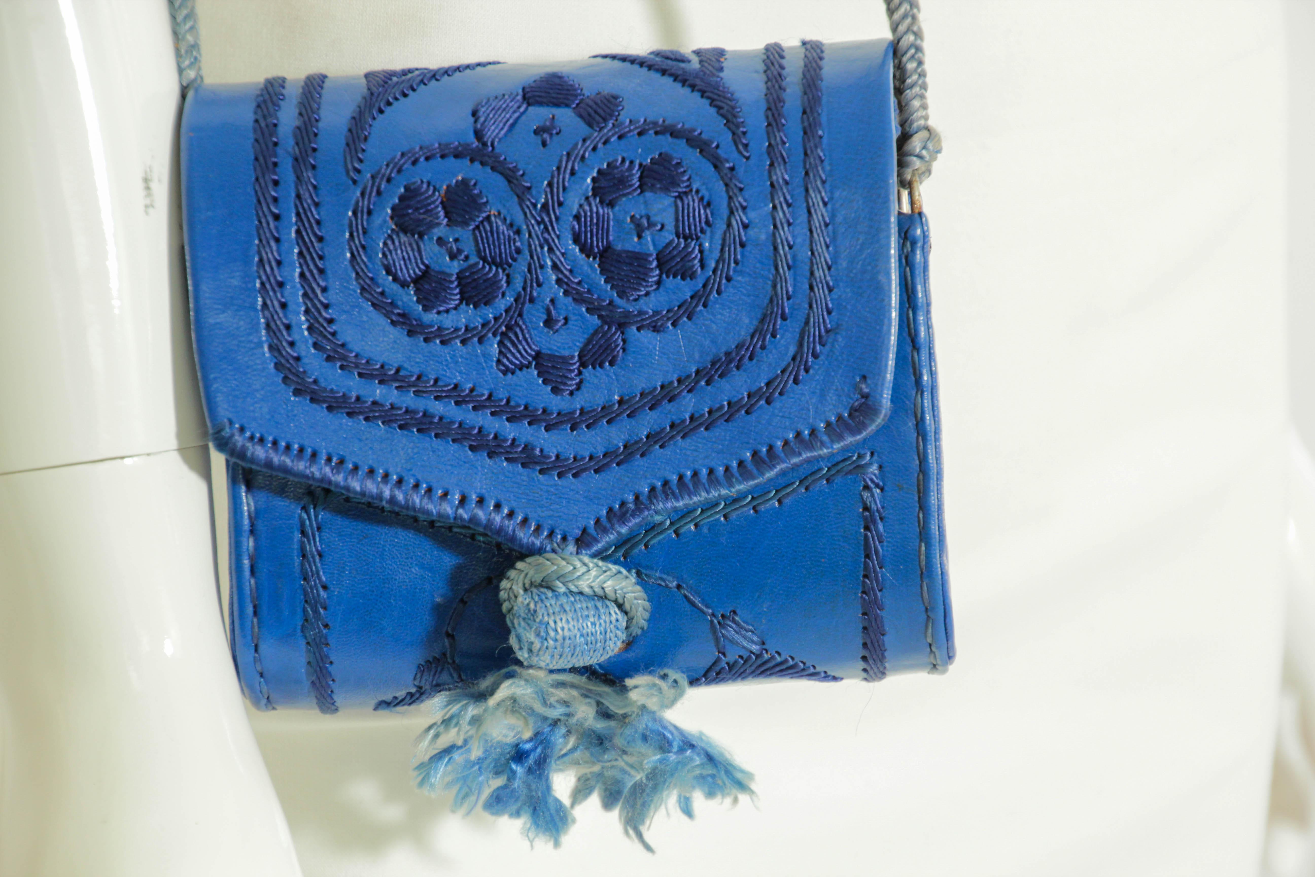 Women's or Men's Embroidered Mini Moroccan Berber Blue Leather Bag 1960s For Sale