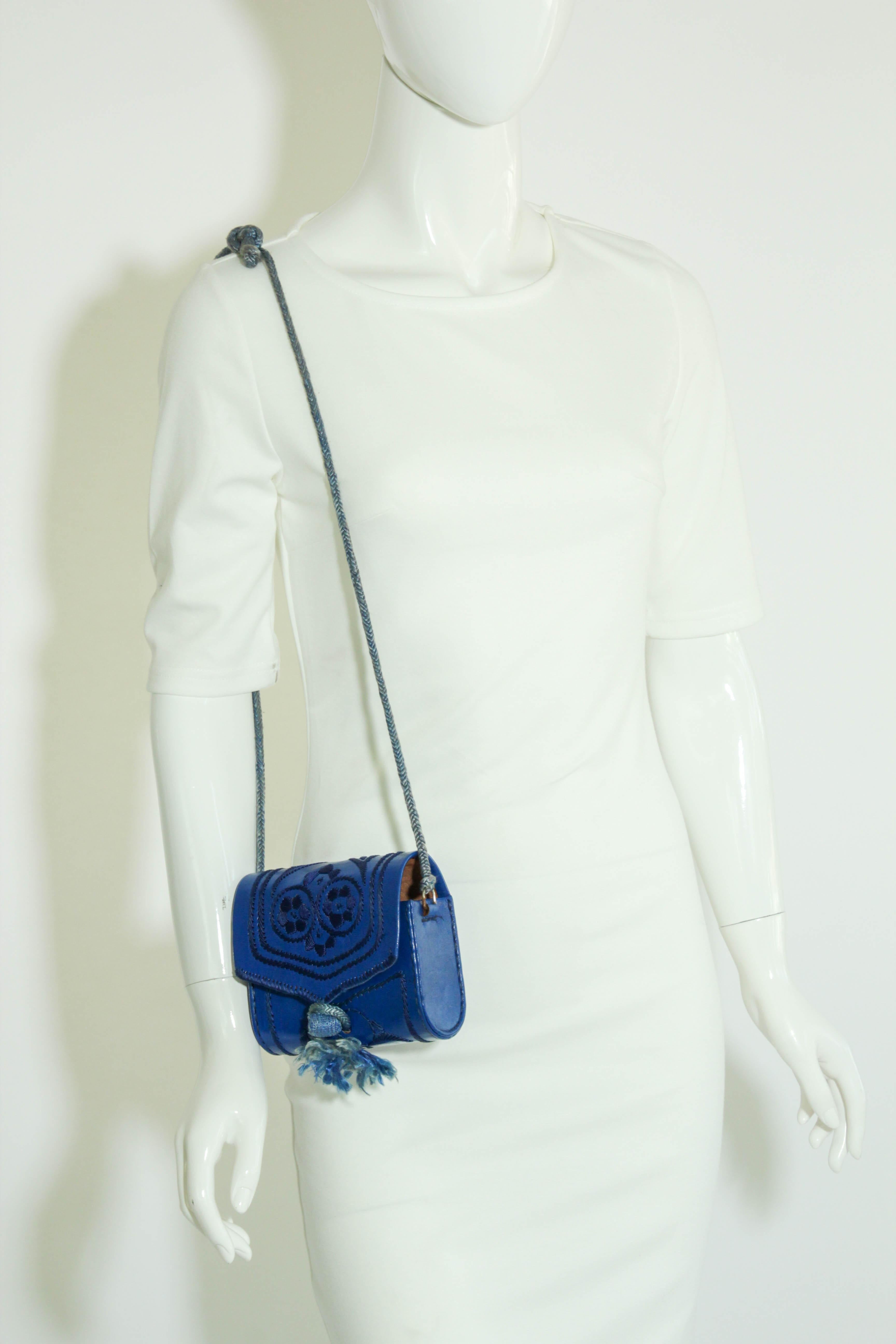 Embroidered Mini Moroccan Berber Blue Leather Bag 1960s For Sale 1