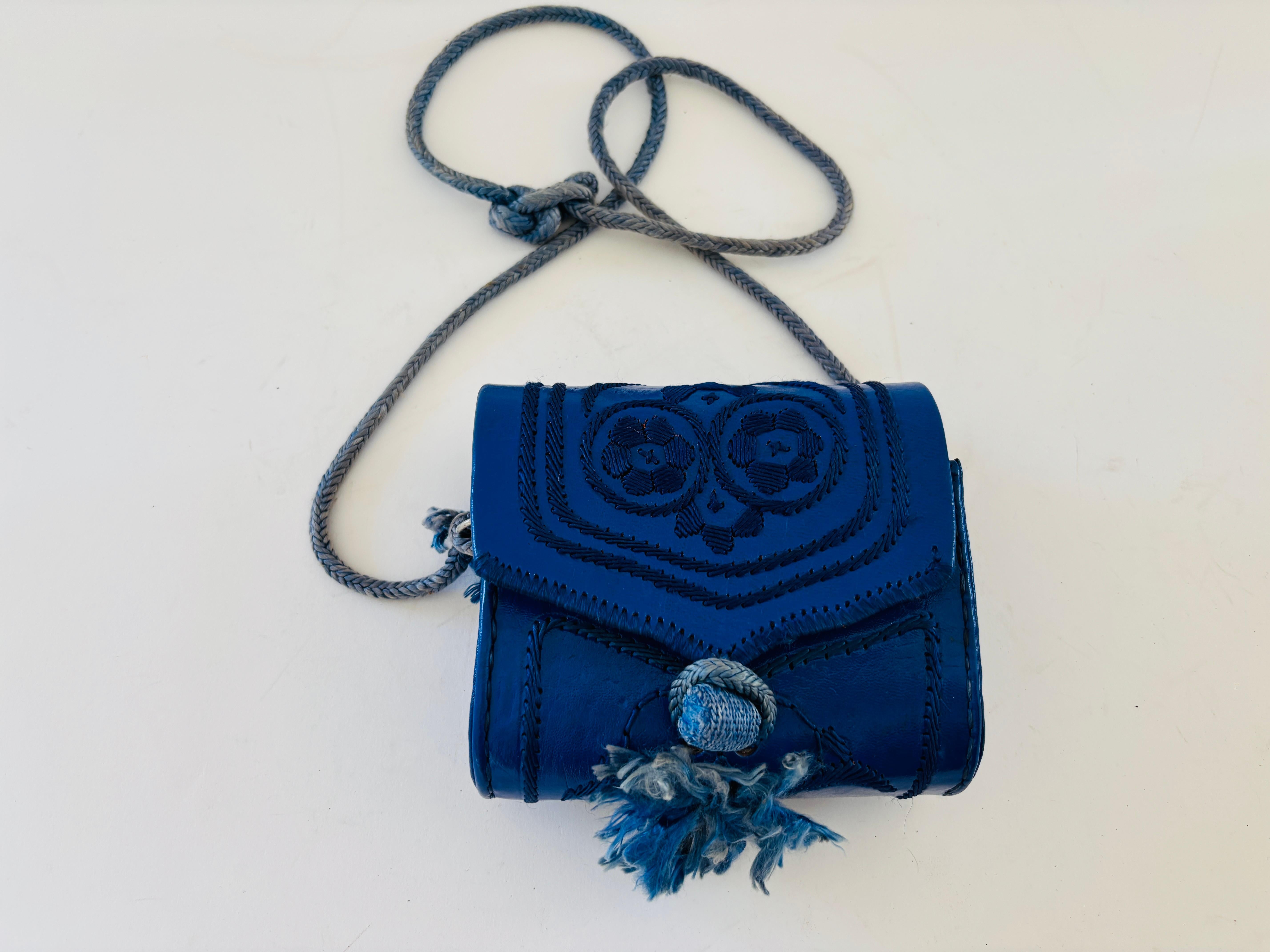 Embroidered Mini Moroccan Berber Blue Leather Bag 1960s For Sale 2