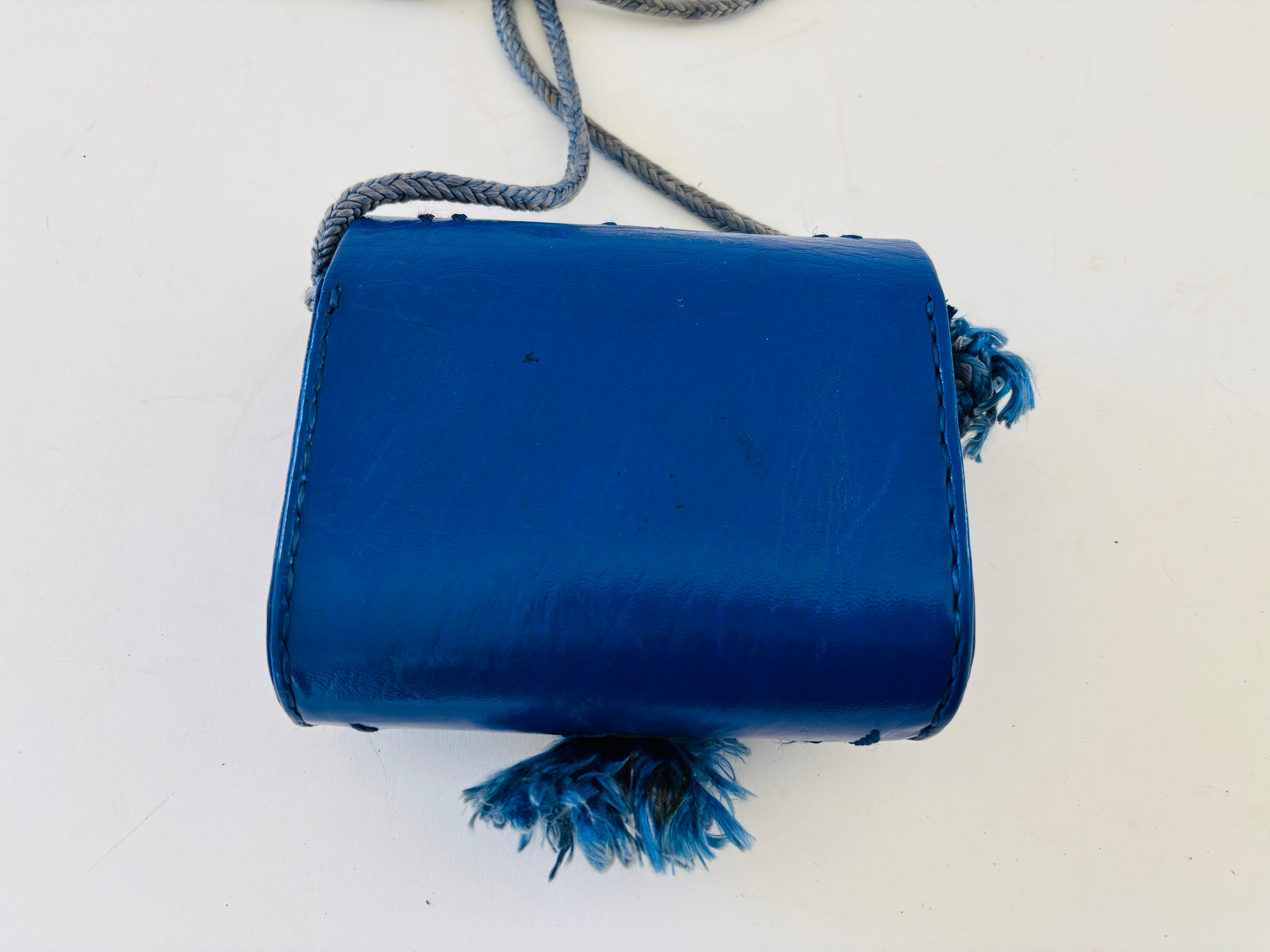 Embroidered Mini Moroccan Berber Blue Leather Bag 1960s For Sale 3