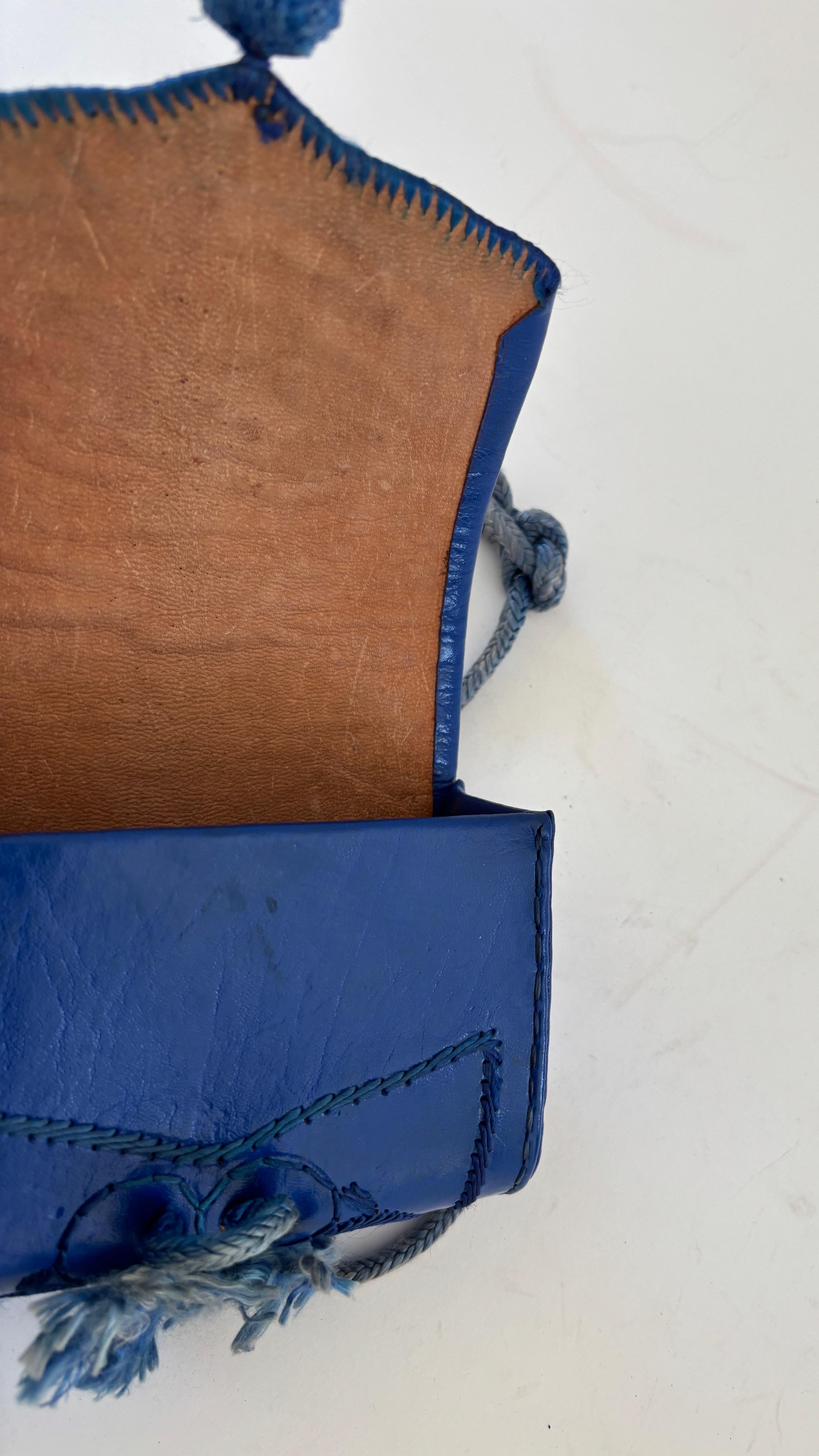 Embroidered Mini Moroccan Berber Blue Leather Bag 1960s For Sale 4