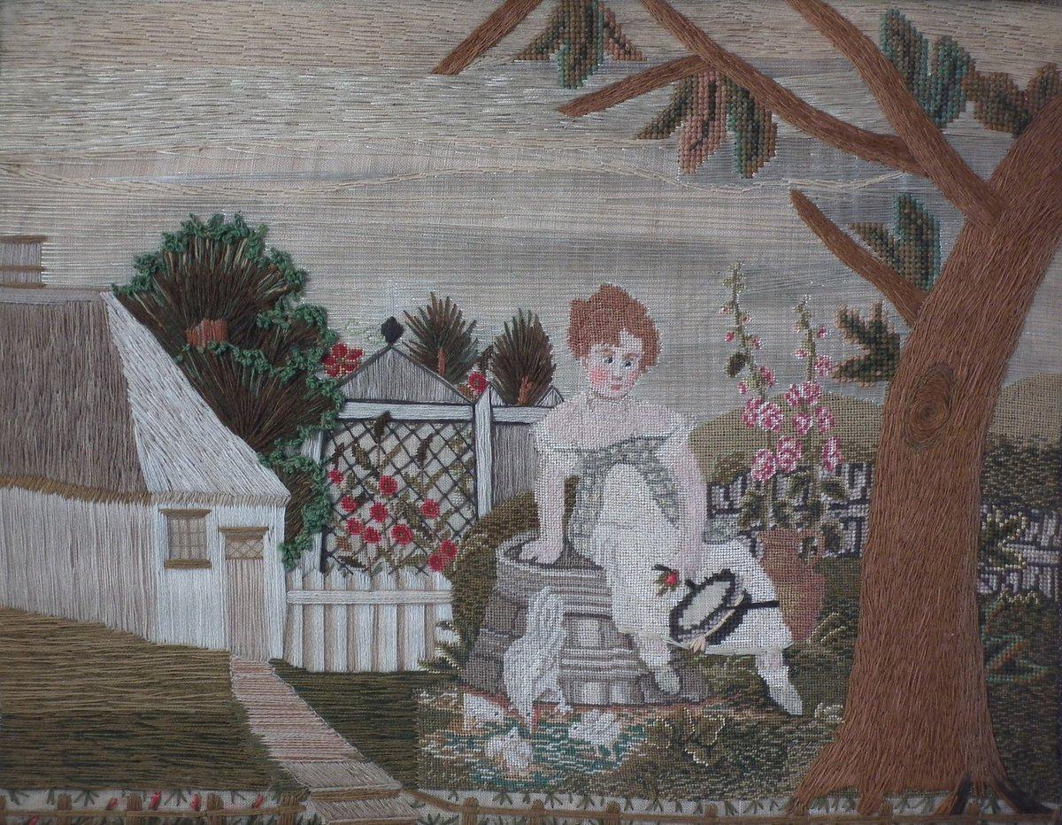 Late 19th Century Embroidered Picture of Girl Feeding Chickens