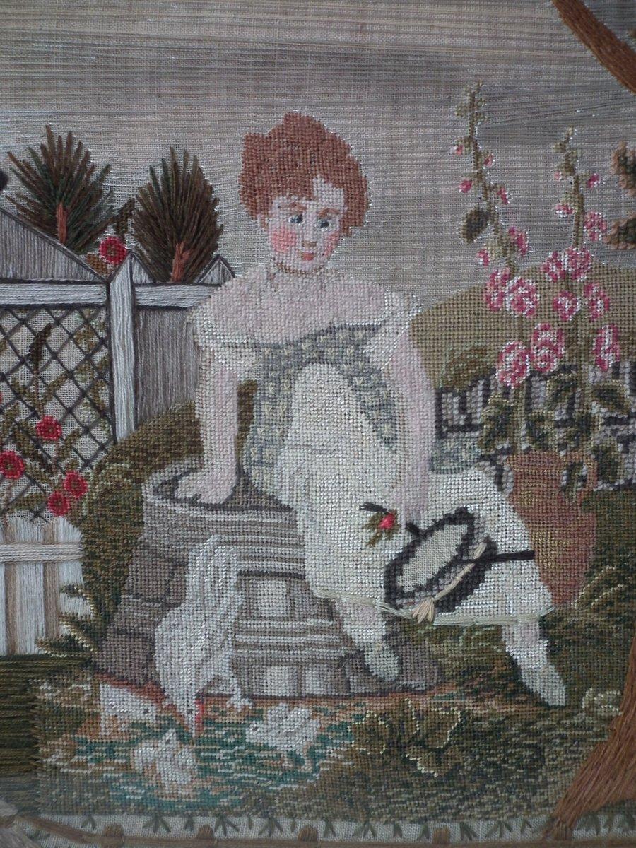 Embroidered Picture of Girl Feeding Chickens 1
