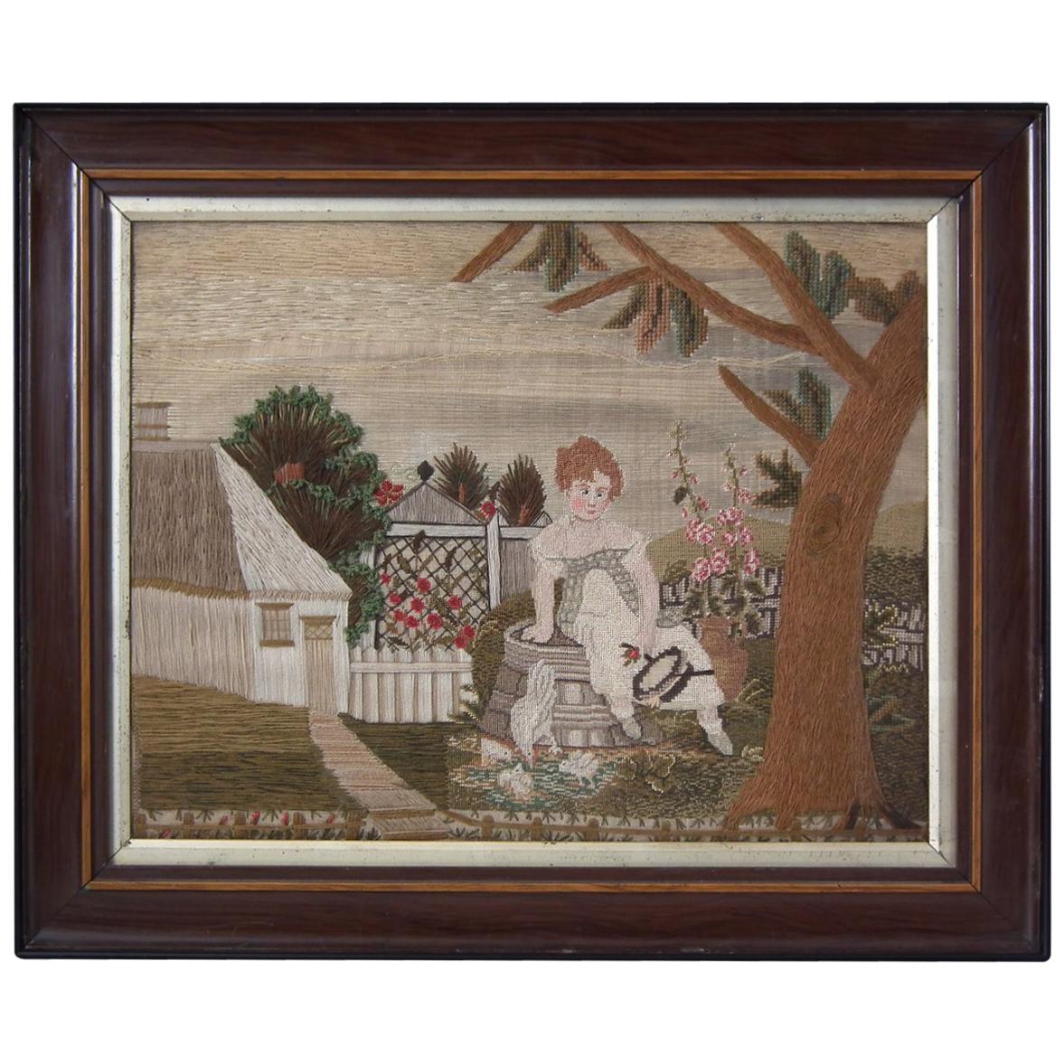 Embroidered Picture of Girl Feeding Chickens