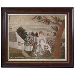 Antique Embroidered Picture of Girl Feeding Chickens