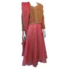 Embroidered Pink and Gold Silk Evening 3 Pieces Gown Vest and Skirt and Shawl