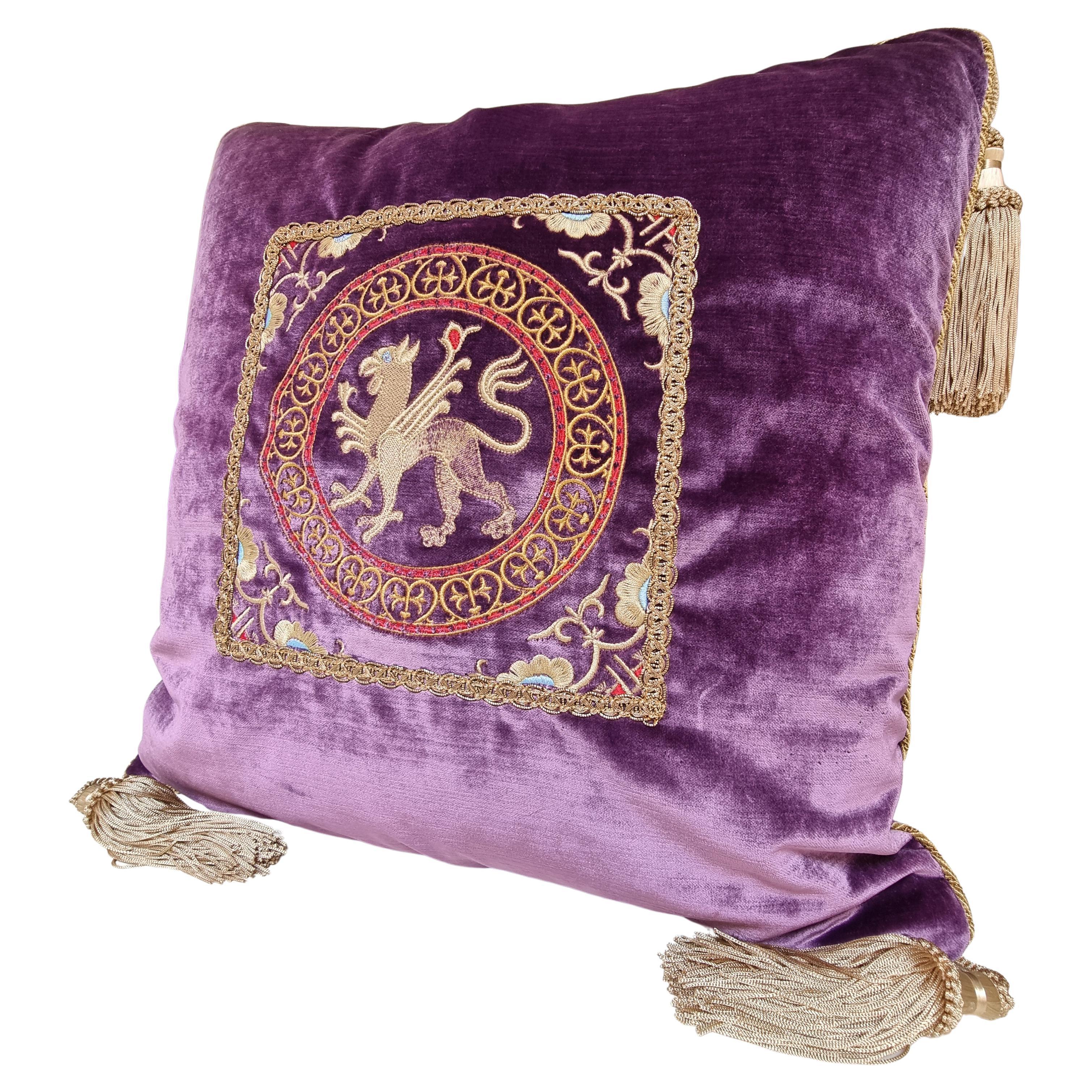 Italian Embroidered Purple Velvet Throw Pillow with Tassels For Sale