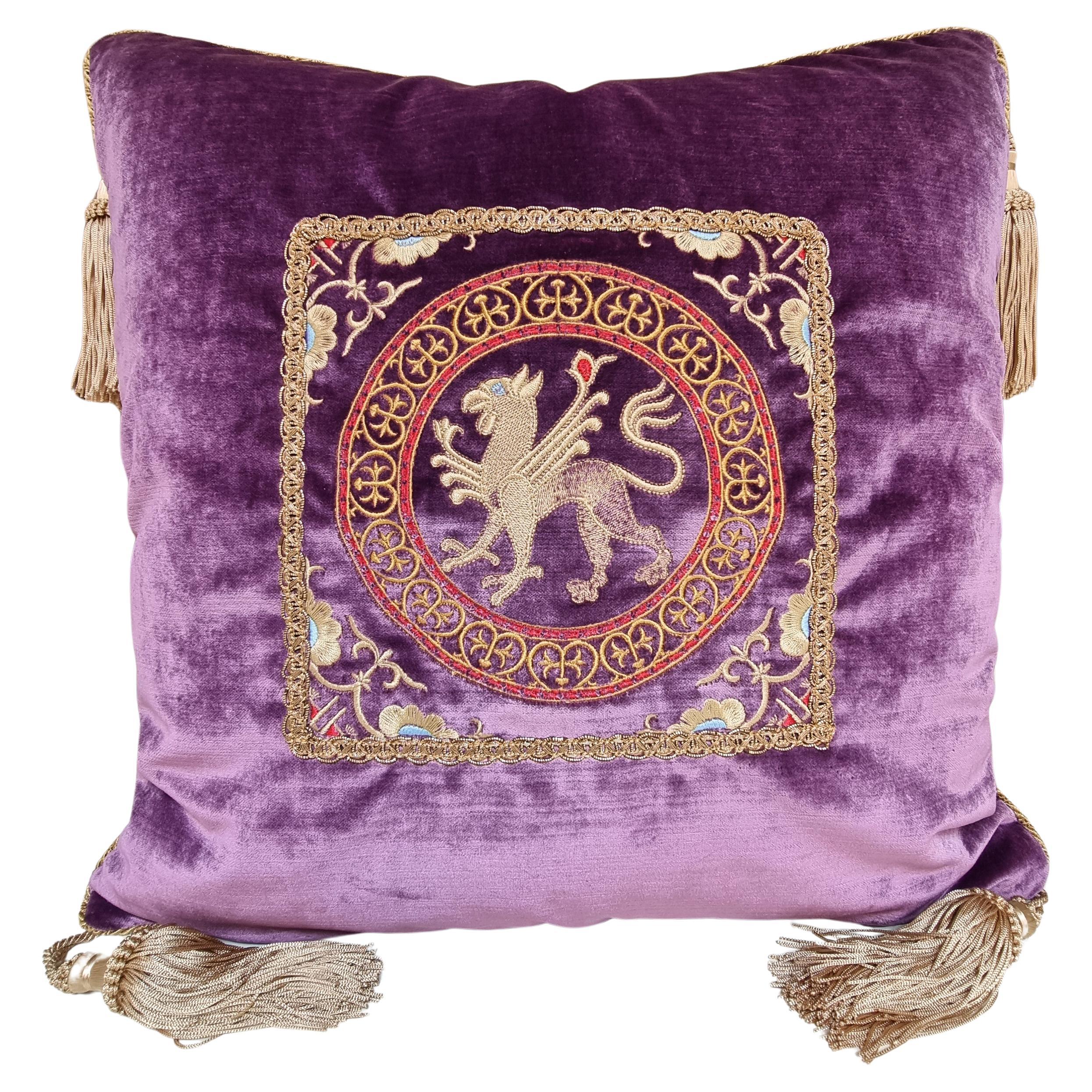 Embroidered Purple Velvet Throw Pillow with Tassels For Sale