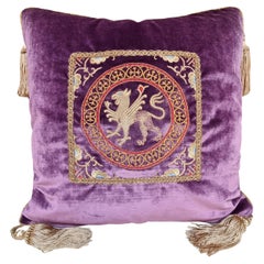 Embroidered Purple Velvet Throw Pillow with Tassels