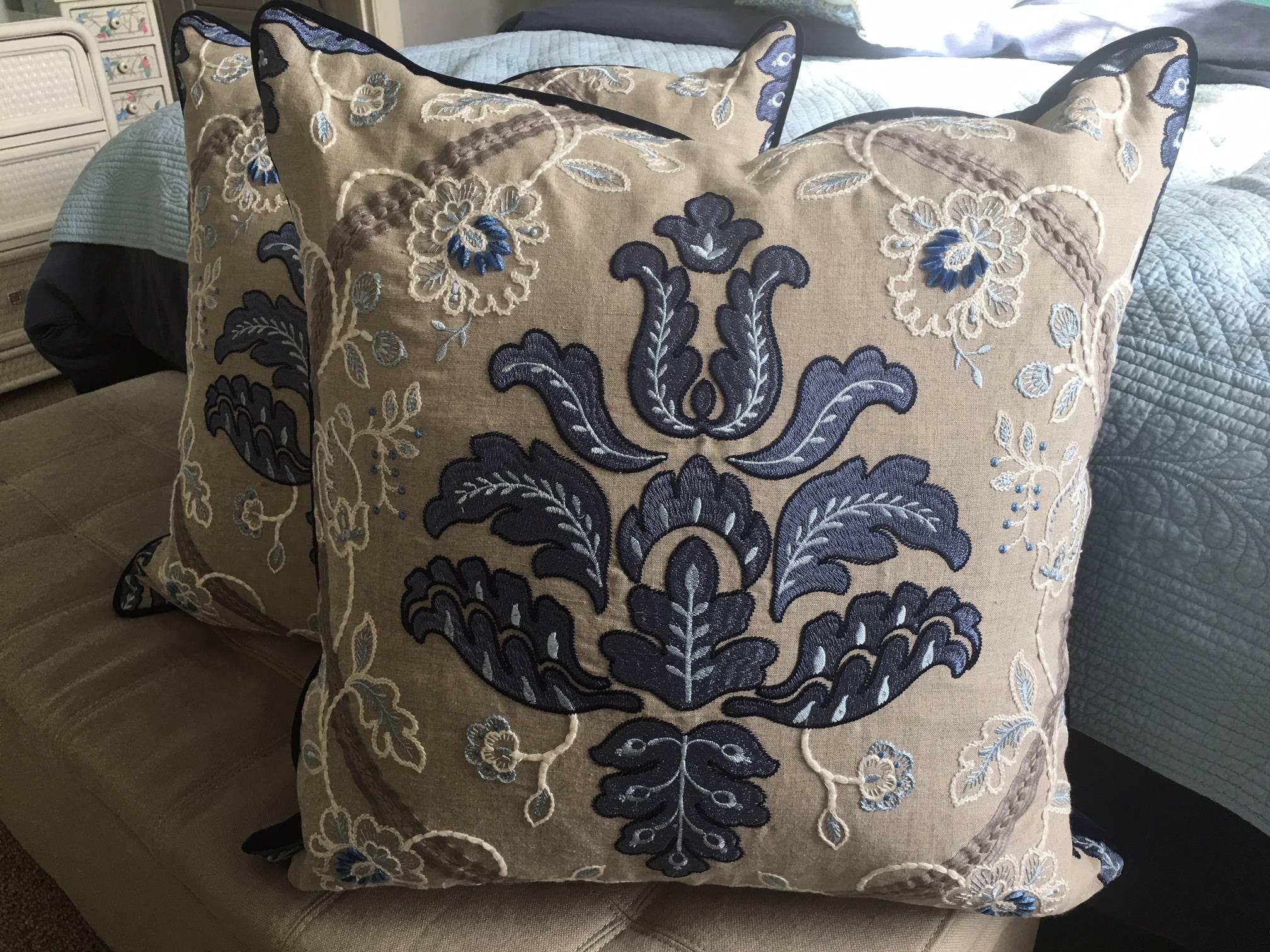 This custom-made, brand new, set of pillows features a beautiful embroidered Scalamandré textile backed with a rich deep blue velvet. The pillows are filled with down/feathers; an invisible zipper has been installed. The color in these luxurious 24