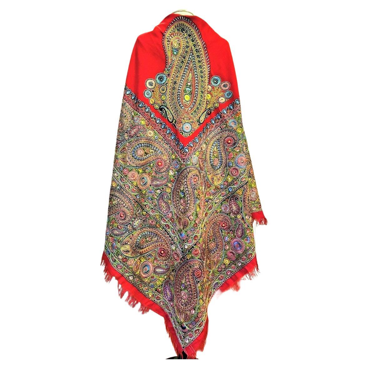 Embroidered Silk And Wool Shawl - India For Export Circa 1870 -1900 For Sale