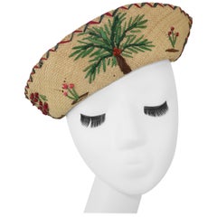 Embroidered Straw Hat With Tropical Motif, 1950’s