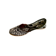 Embroidered Suede Flats - Black Suede + Silver Floral Embroidery inc Curved-Toe