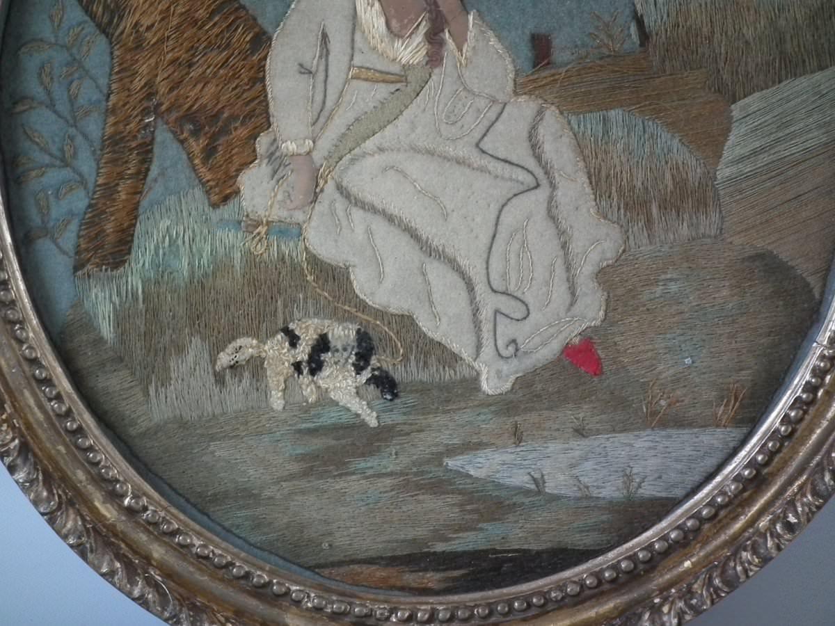 Folk Art Embroidery Picture of a Girl with Her Dog