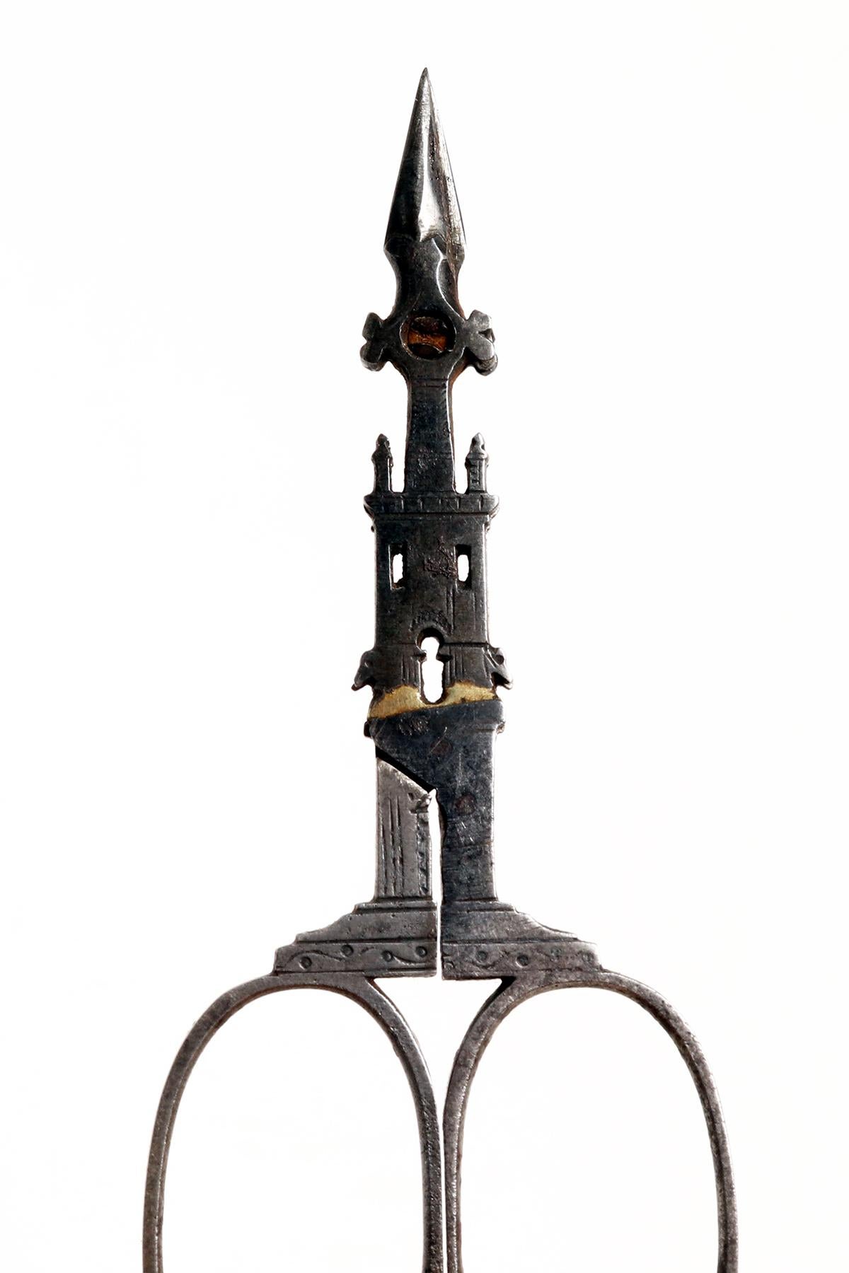 19th Century Embroidery Scissors, Iron, in the Shape of a Tower, Germany, 1840 For Sale