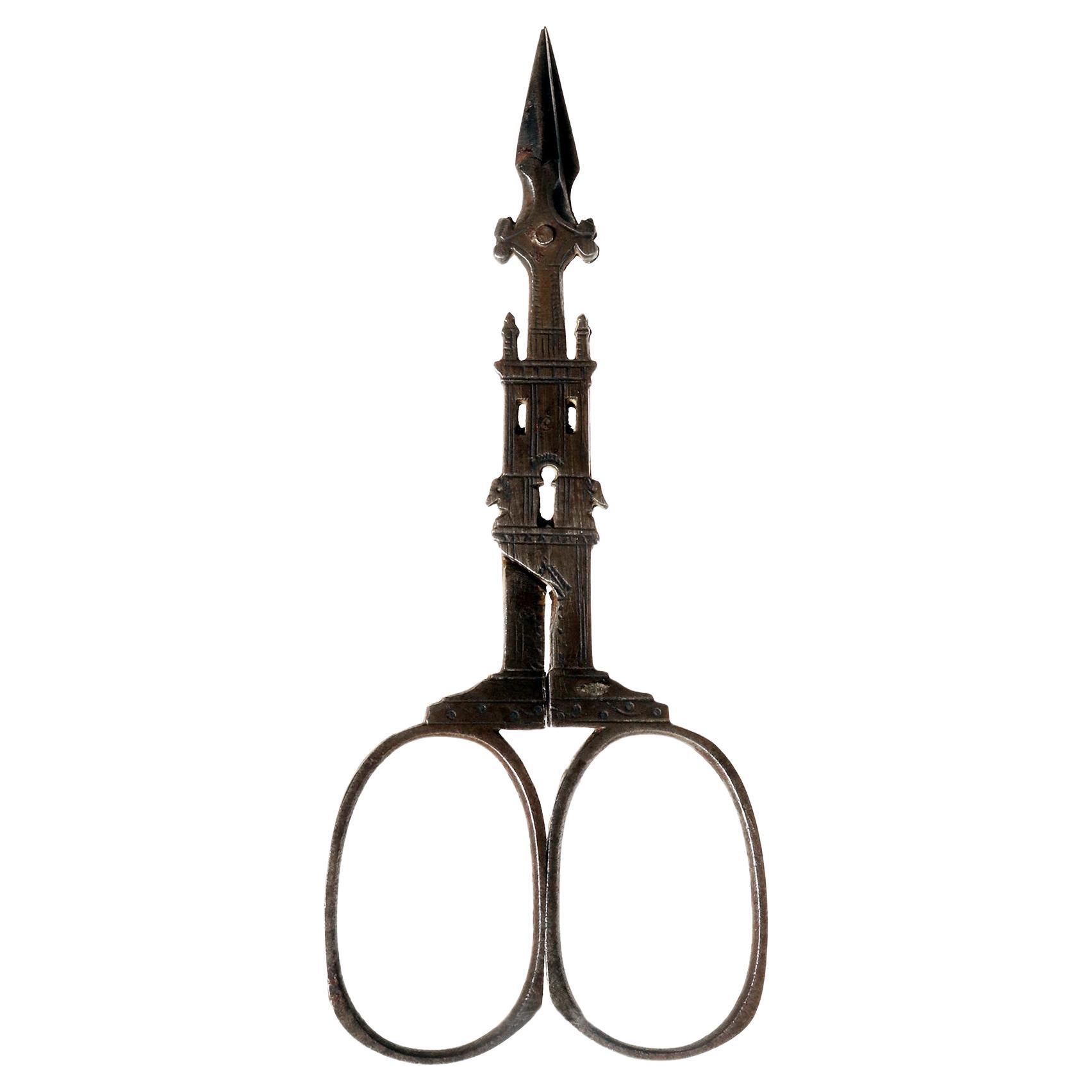 Embroidery Scissors, Iron, in the Shape of a Tower, Germany, 1840