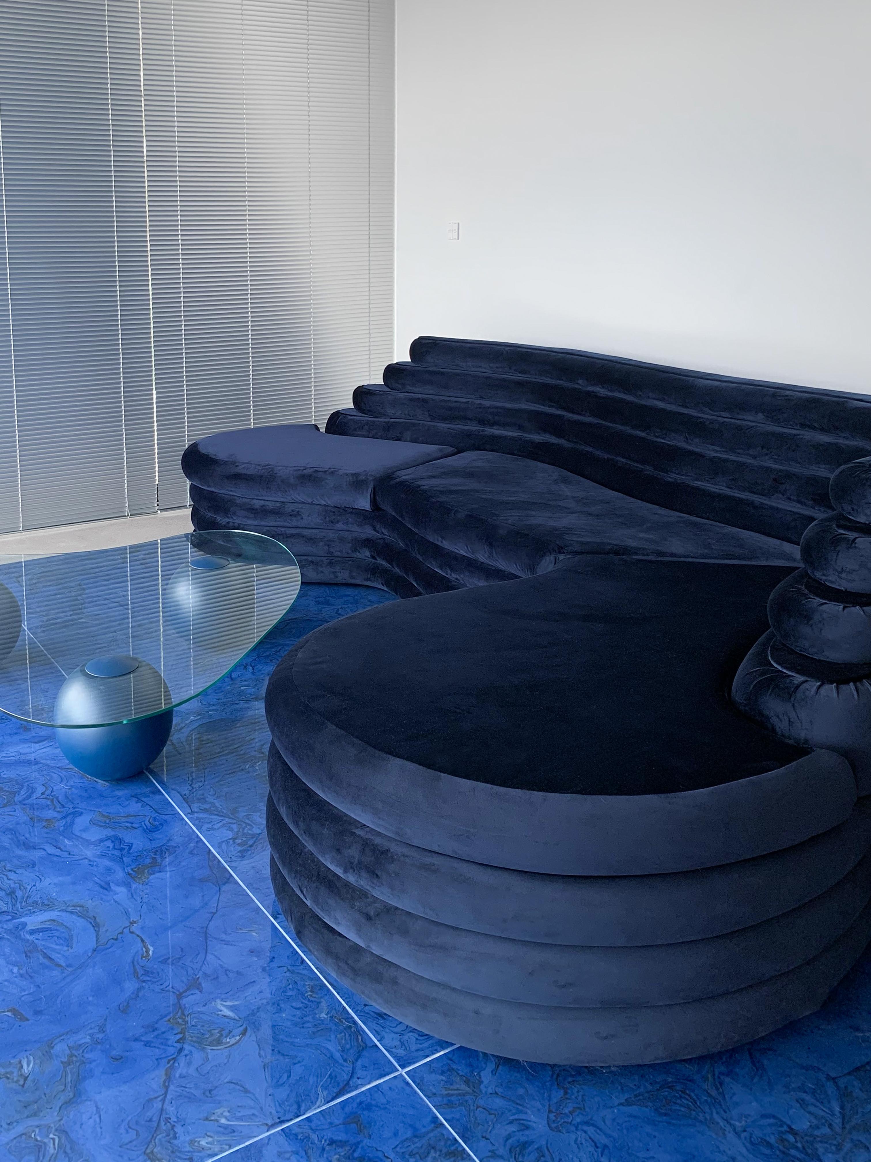 Wood EMBRYO Blue Velvet Sofa/ Couch For Sale