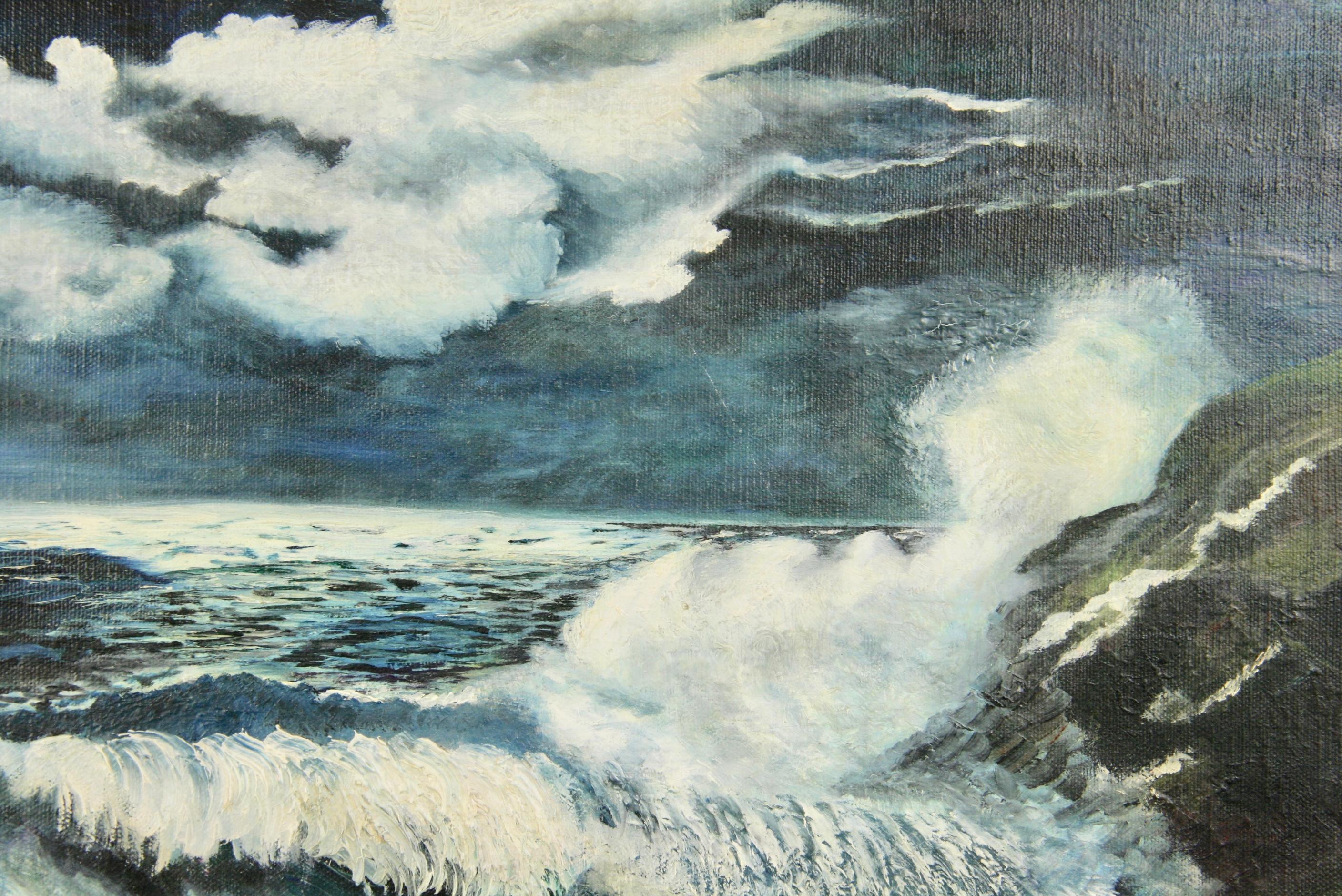 #5-3457 Moonlit Sea Painting ,oil on canvas displayed in a pale blue wood frame.Signed by E.Mc Cormick April 1966.Image size 15 H x 19 W.
Excellent condition ,wear on the frame