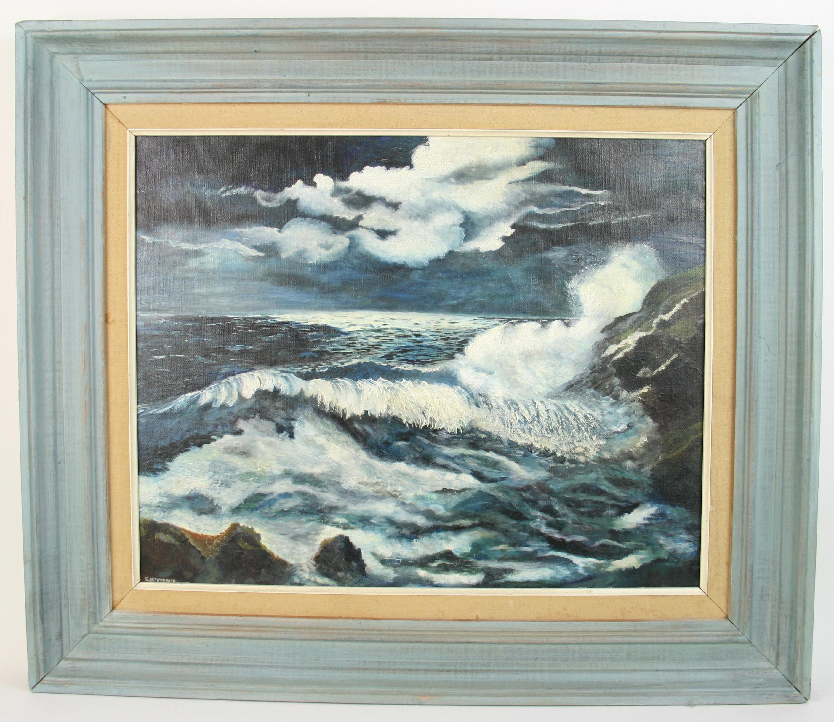 E.McCormick Abstract Painting -   Vintage Impressionist Moonlit Sea Nautical Seascape Painting