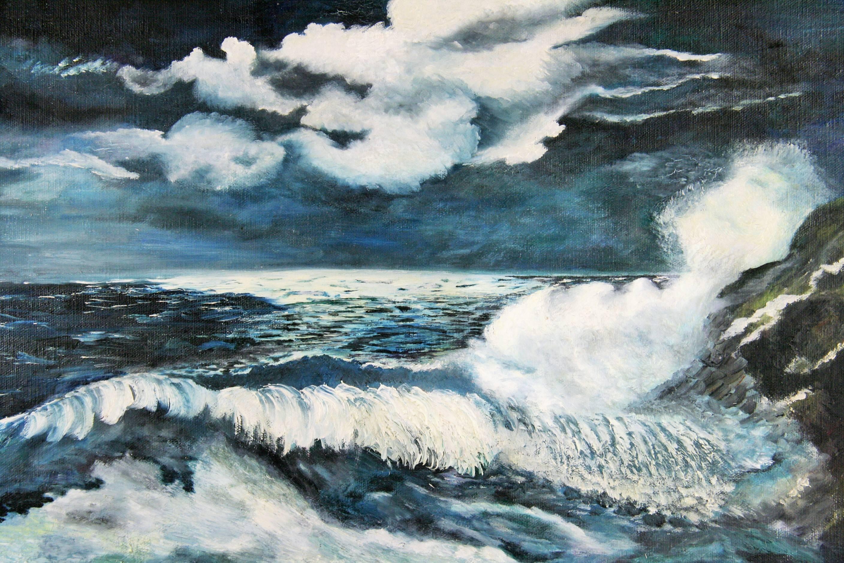Vintage California Moonlit Sea Seascape (Paysage marin au clair de lune)  Peinture à l'huile - Gris Landscape Painting par E.McCormick