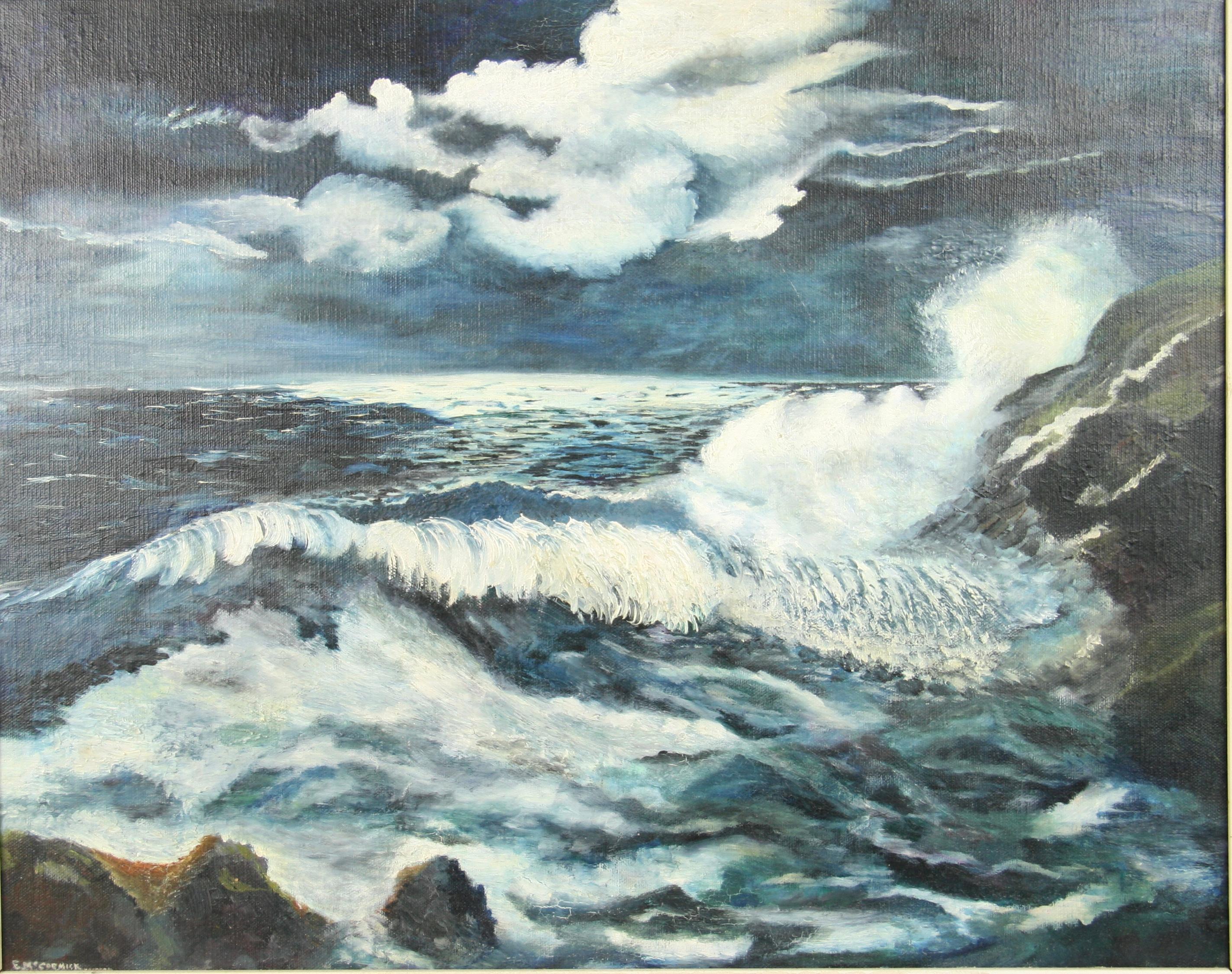 #5-3457 Moonlit Sea Painting ,huile sur toile présentée dans un cadre en bois bleu pâle.Signée par E.Mc Cormick Avril 1966.Taille de l'image 15 H x 19 W.
Excellent état, usure du cadre.