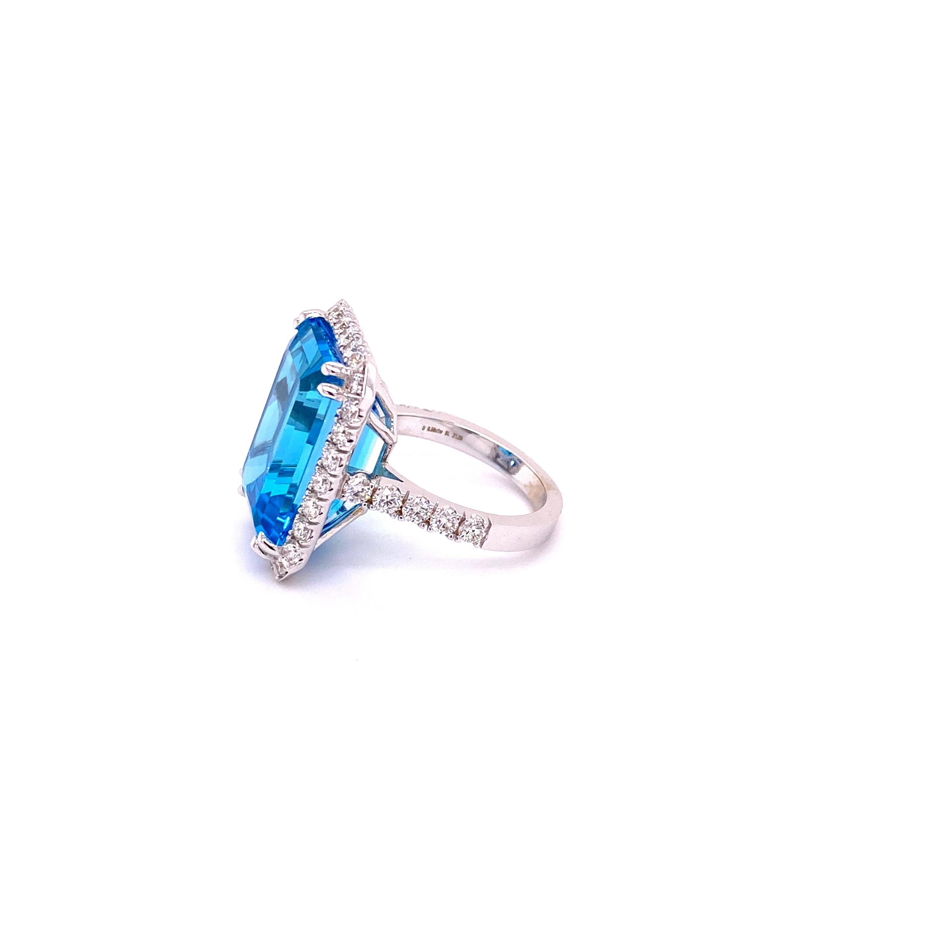 Emerald Cut EMCR18X13 - 18K White Gold Ring with Swiss Blue Topaz and Diamonds For Sale