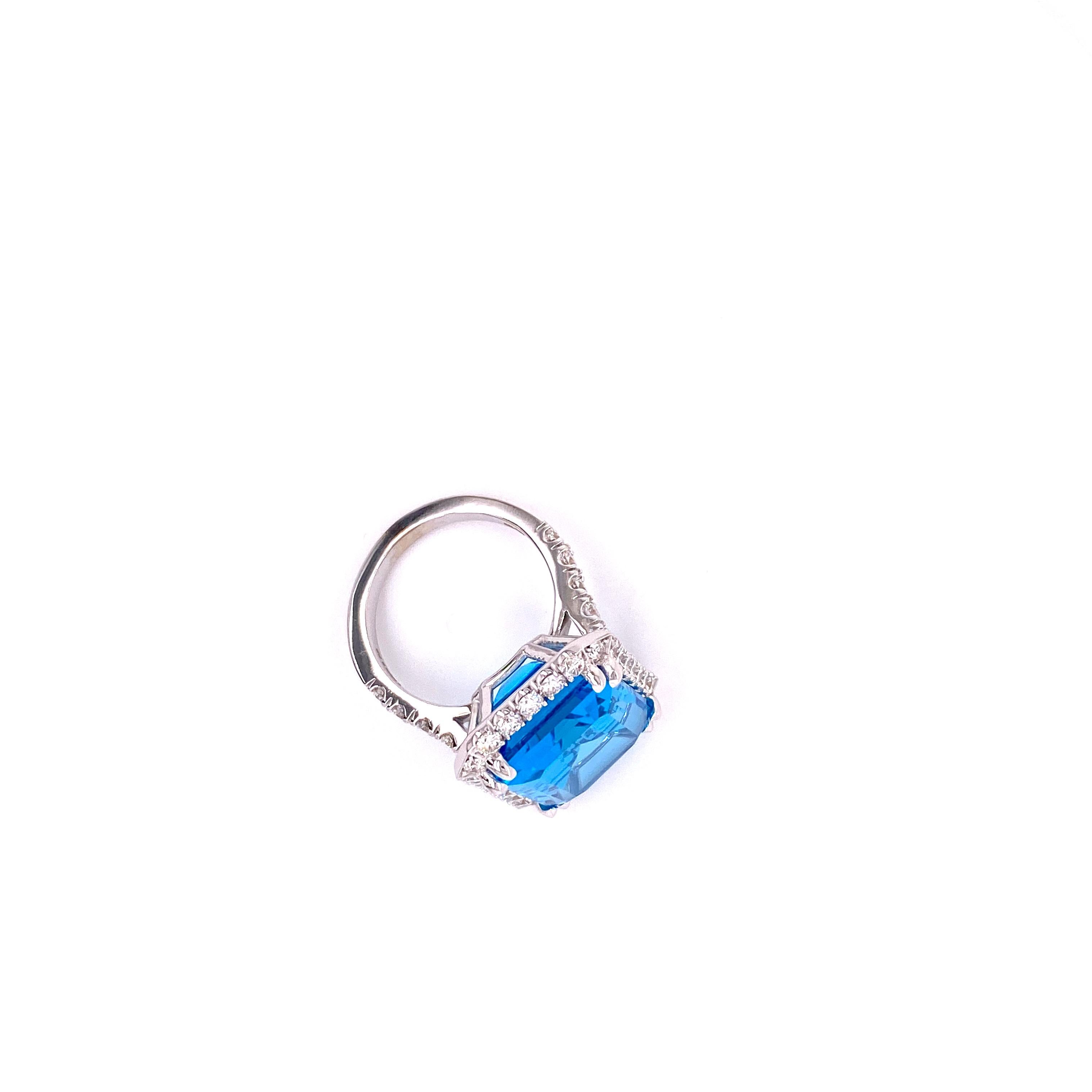 EMCR18X13 - 18K White Gold Ring with Swiss Blue Topaz and Diamonds For Sale 3