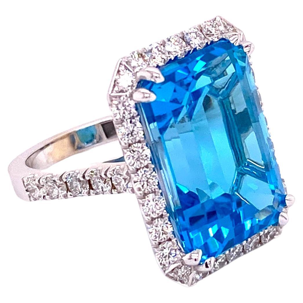 EMCR18X13 - 18K White Gold Ring with Swiss Blue Topaz and Diamonds For Sale