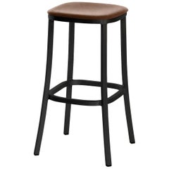 Emeco 1 Inch Barstool with Black Legs & Brown Upholstery by Jasper Morrison