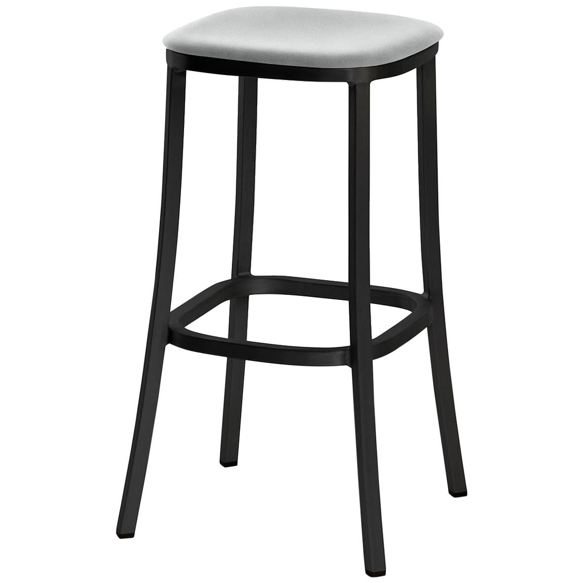 Emeco 1 Inch Barstool with Grey Upholstery and Black Legs by Jasper