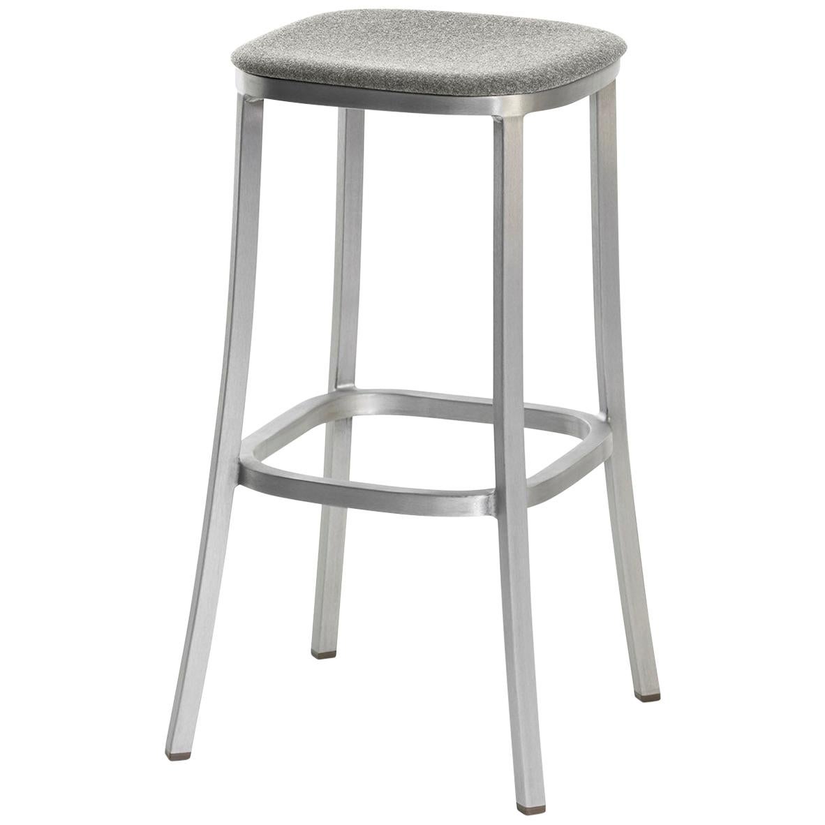 Emeco 1 Inch Barstool with Grey Upholstery & Aluminum Legs by Jasper Morrison