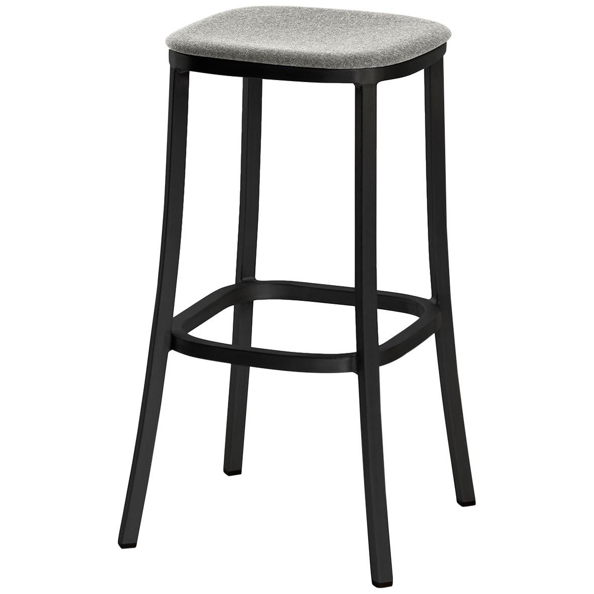 Emeco 1 Inch Barstool with Grey Upholstery & Black Legs by Jasper Morrison For Sale