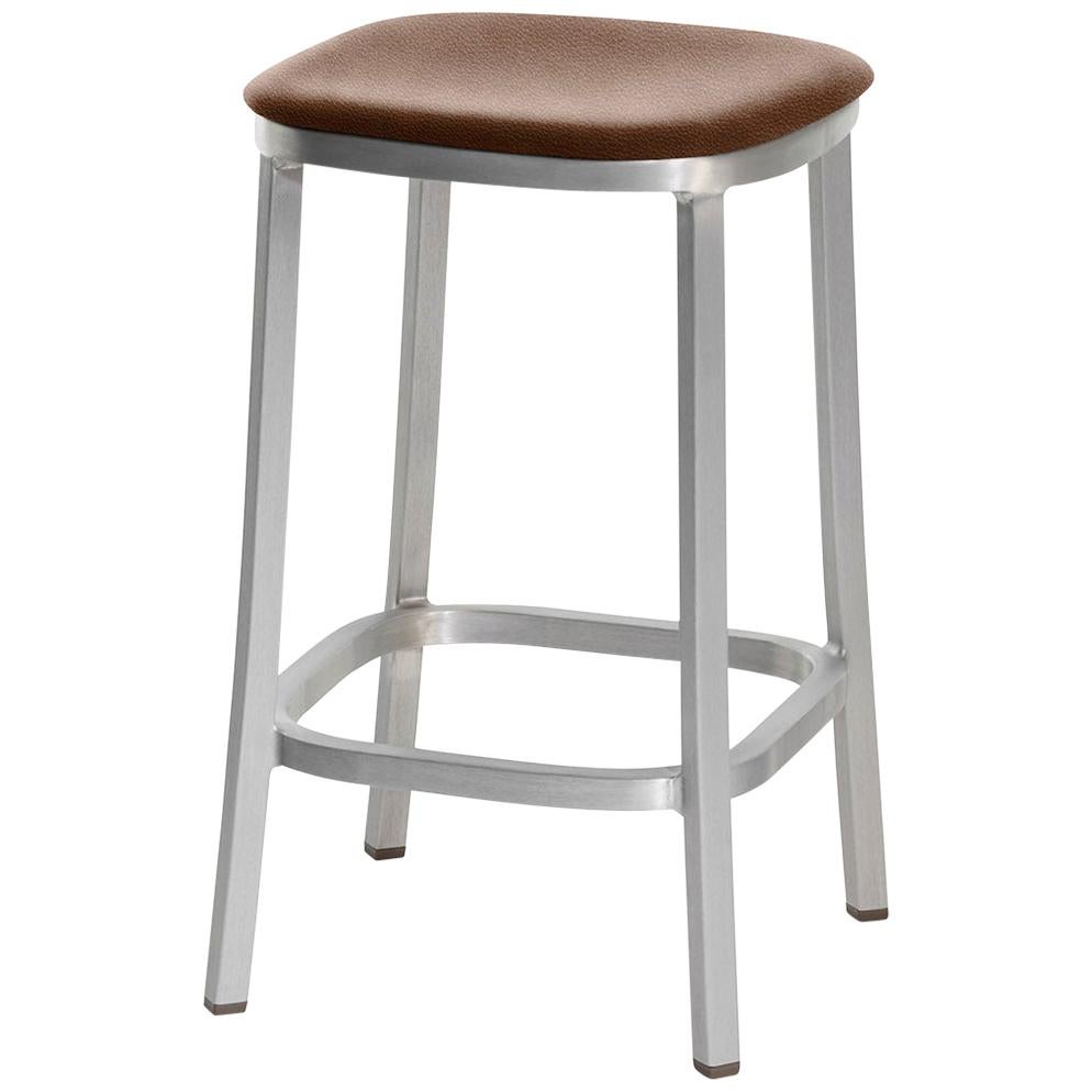 Emeco 1 Inch Counterstool with Aluminum Legs & Brown Fabric by Jasper Morrison