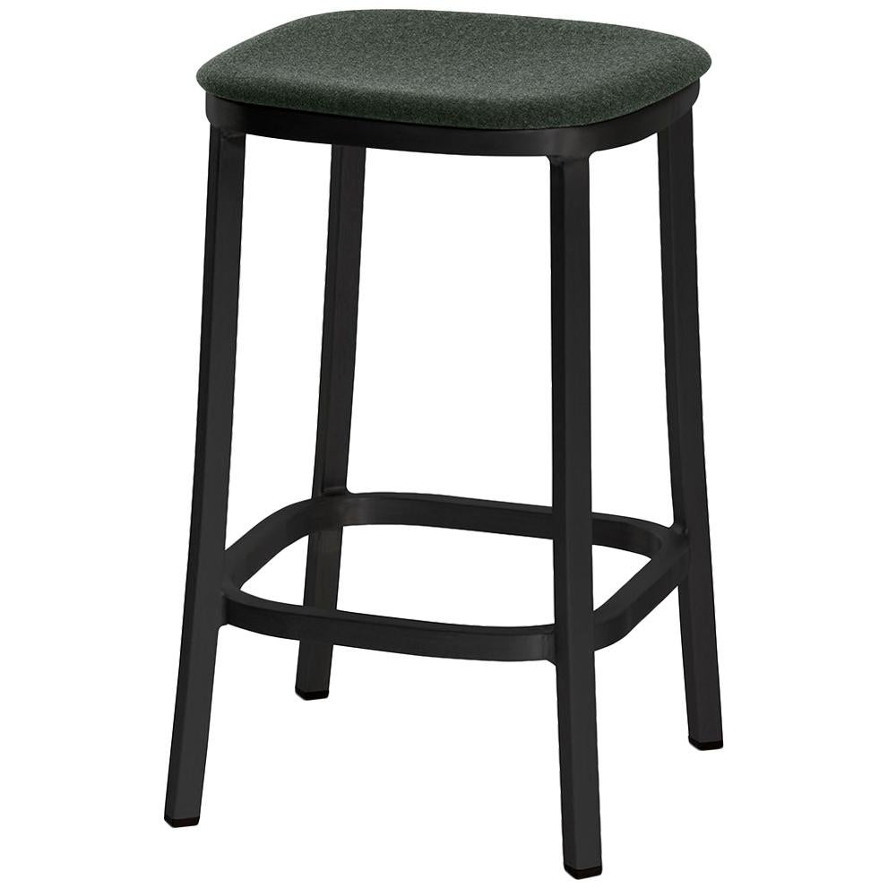 Emeco 1 Inch Counterstool with Black Legs & Green Upholstery by Jasper Morrison