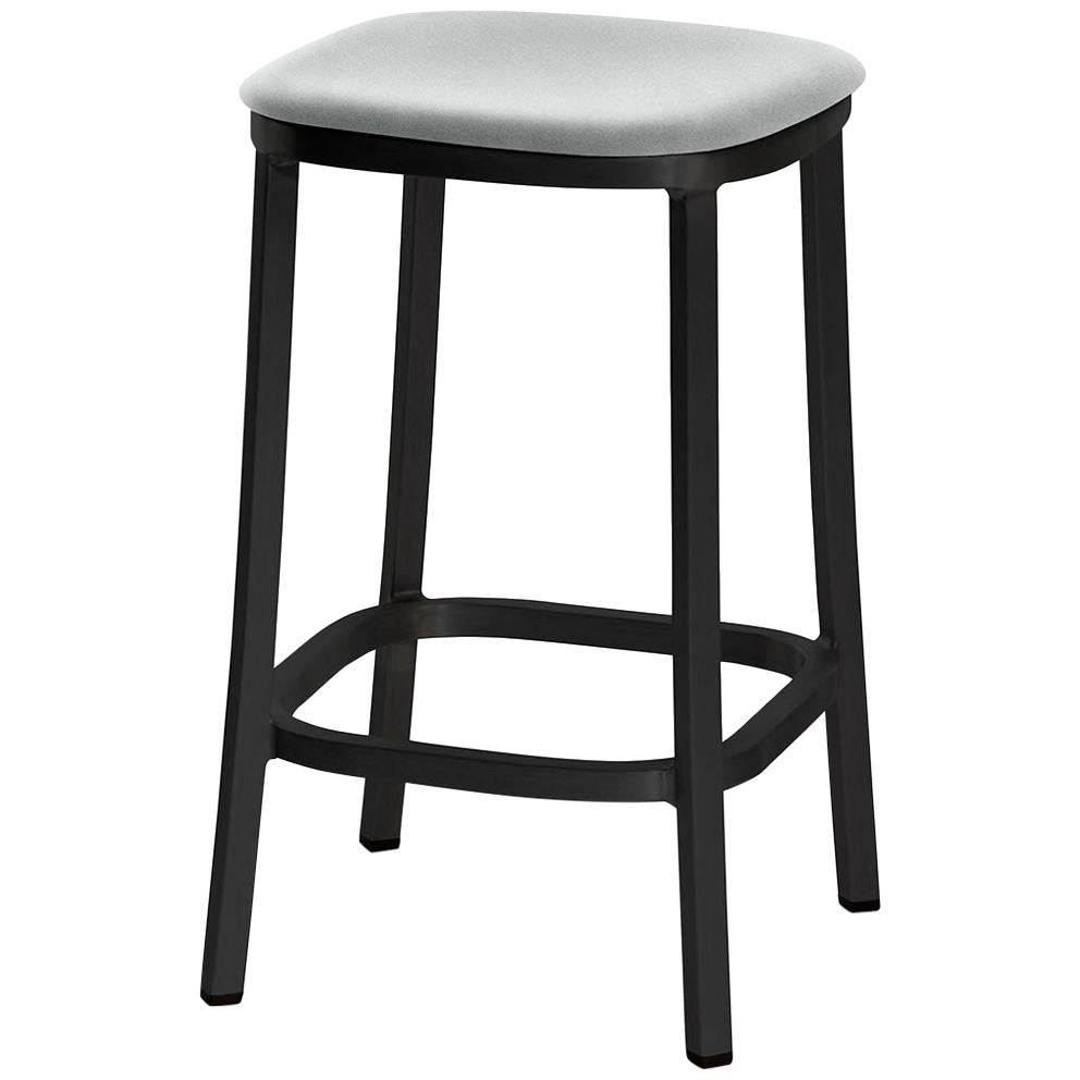Emeco 1 Inch Counterstool with Grey Upholstery and Black Legs by Jasper