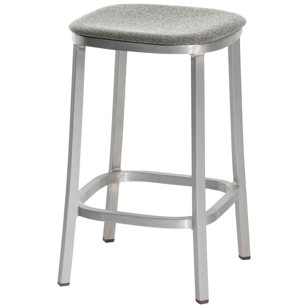 Emeco 1 Inch Counterstool with Grey Fabric & Aluminum Legs by Jasper Morrison For Sale